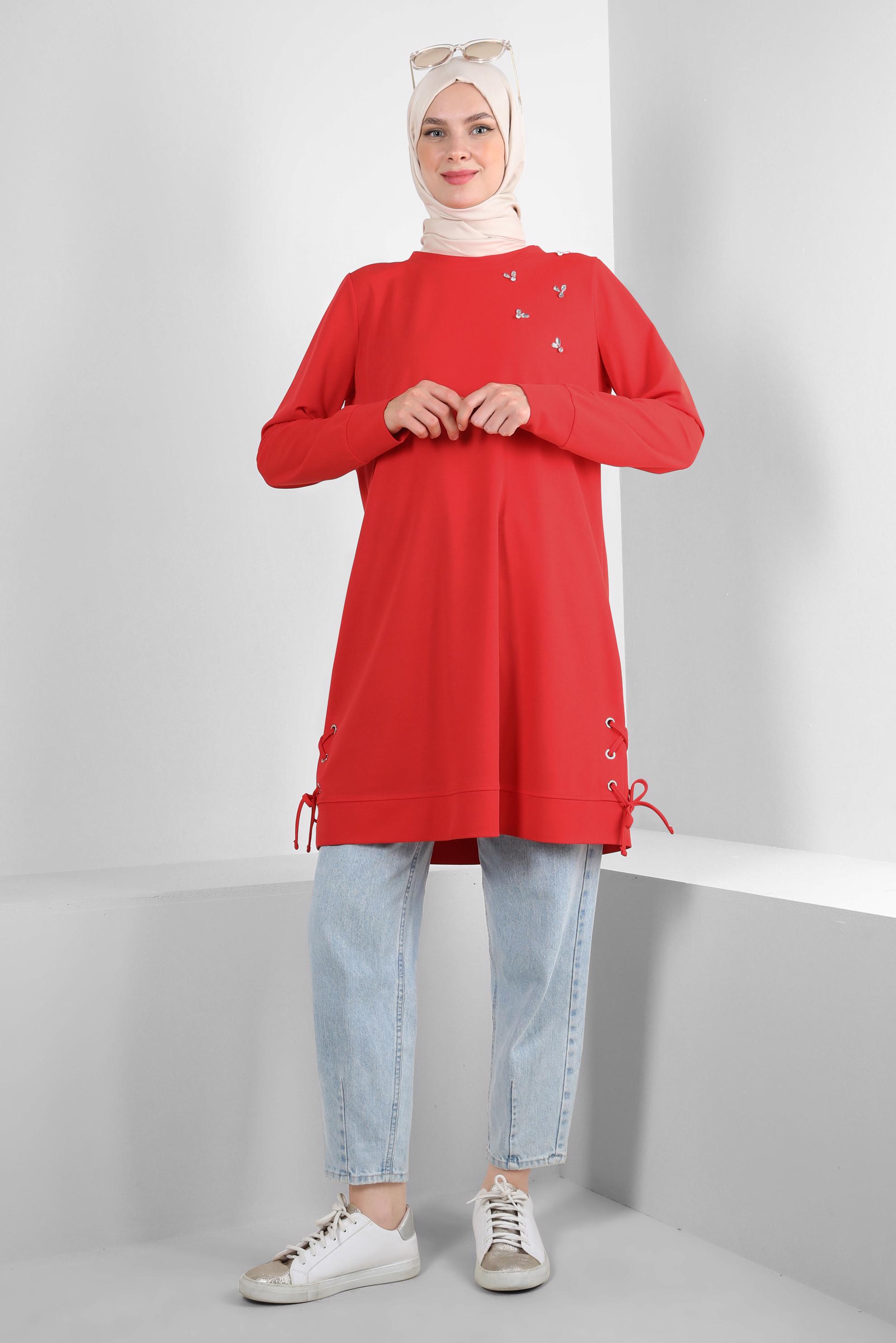 Tesettür giyim KIRMIZI BAĞLAMA DETAYLI TAŞLI EŞOFMAN TUNİK 43883
