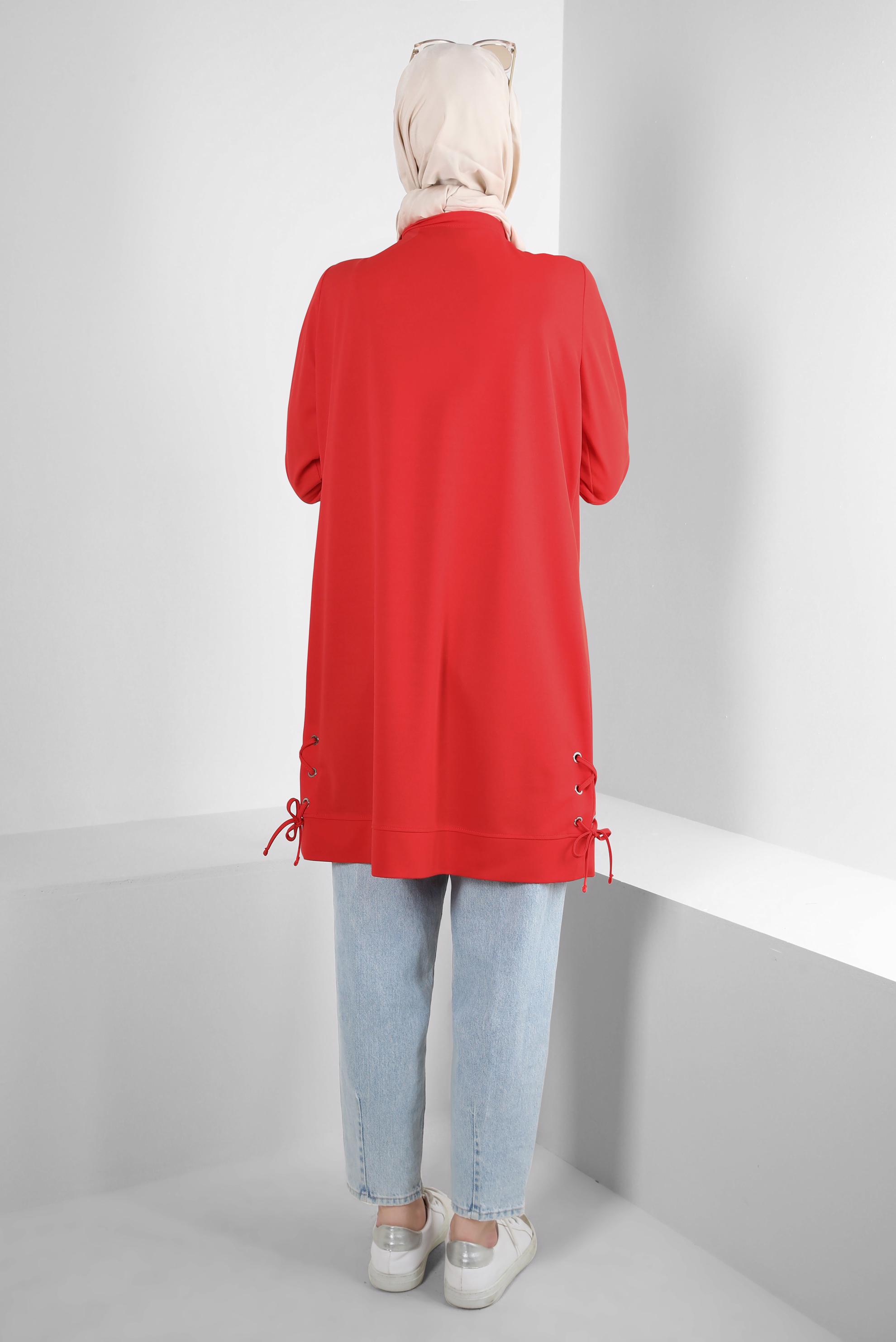 Tesettür giyim KIRMIZI BAĞLAMA DETAYLI TAŞLI EŞOFMAN TUNİK 43883