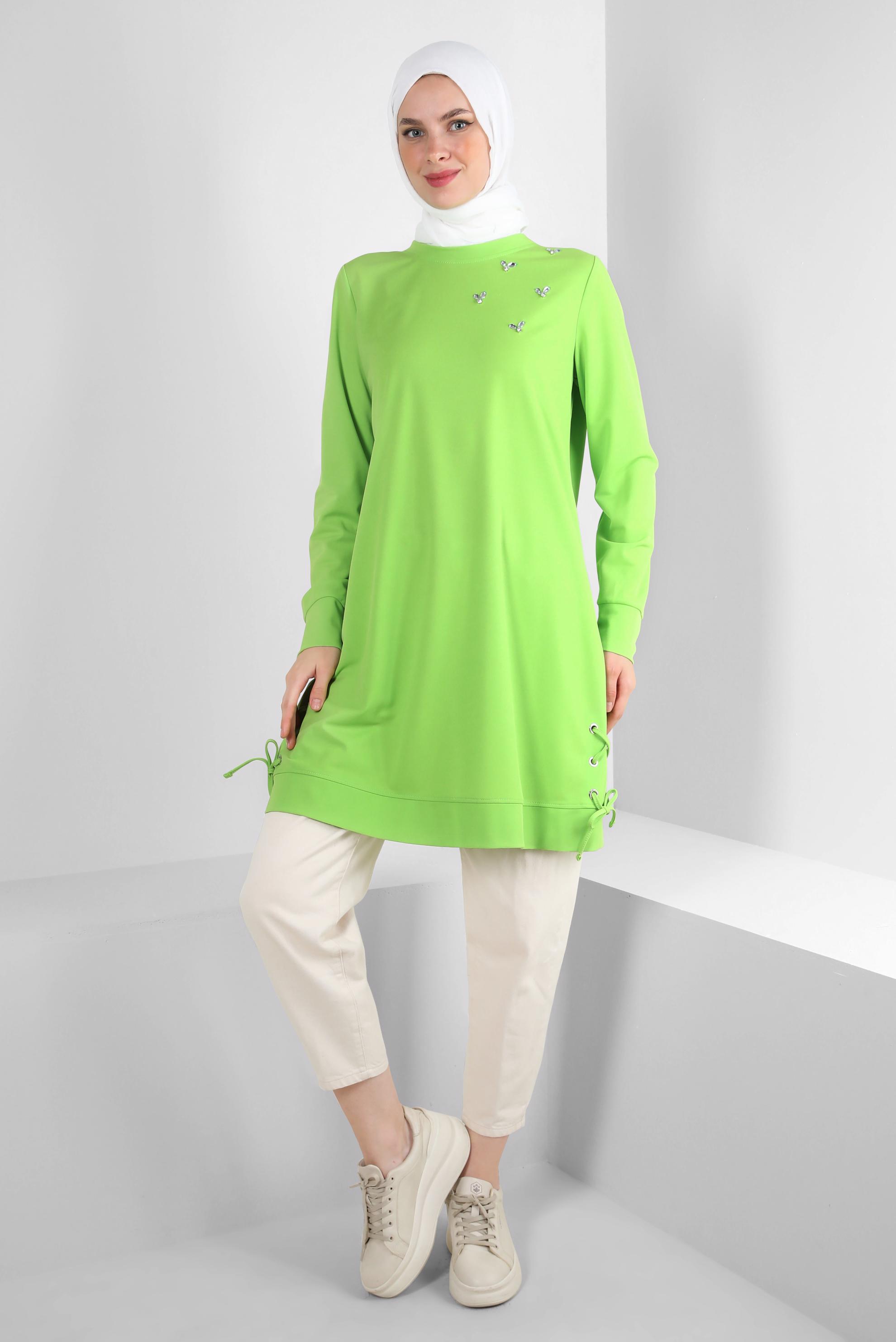 Tesettür giyim YEŞİL BAĞLAMA DETAYLI TAŞLI EŞOFMAN TUNİK 43883