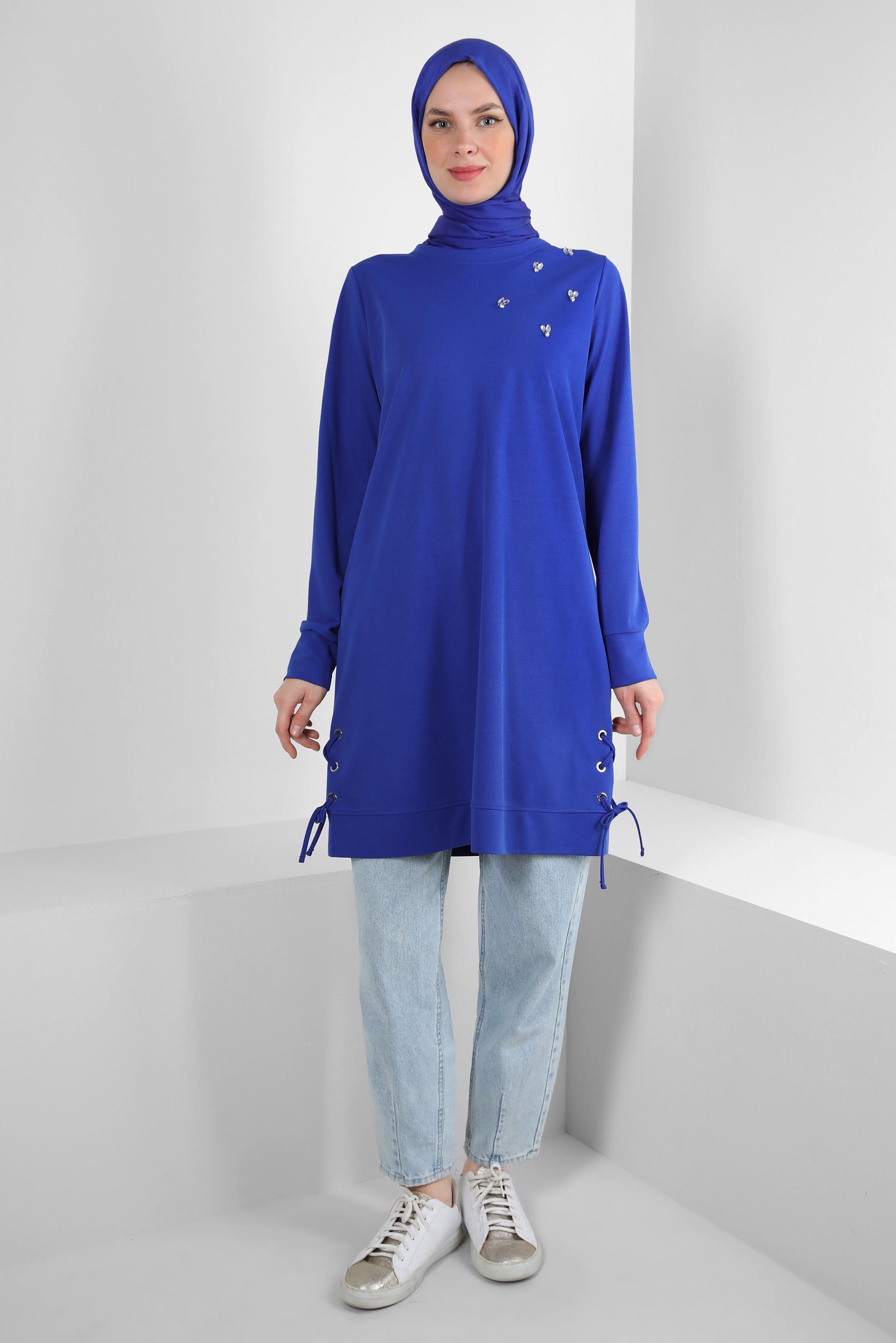 Tesettür giyim LACİVERT BAĞLAMA DETAYLI TAŞLI EŞOFMAN TUNİK 43883