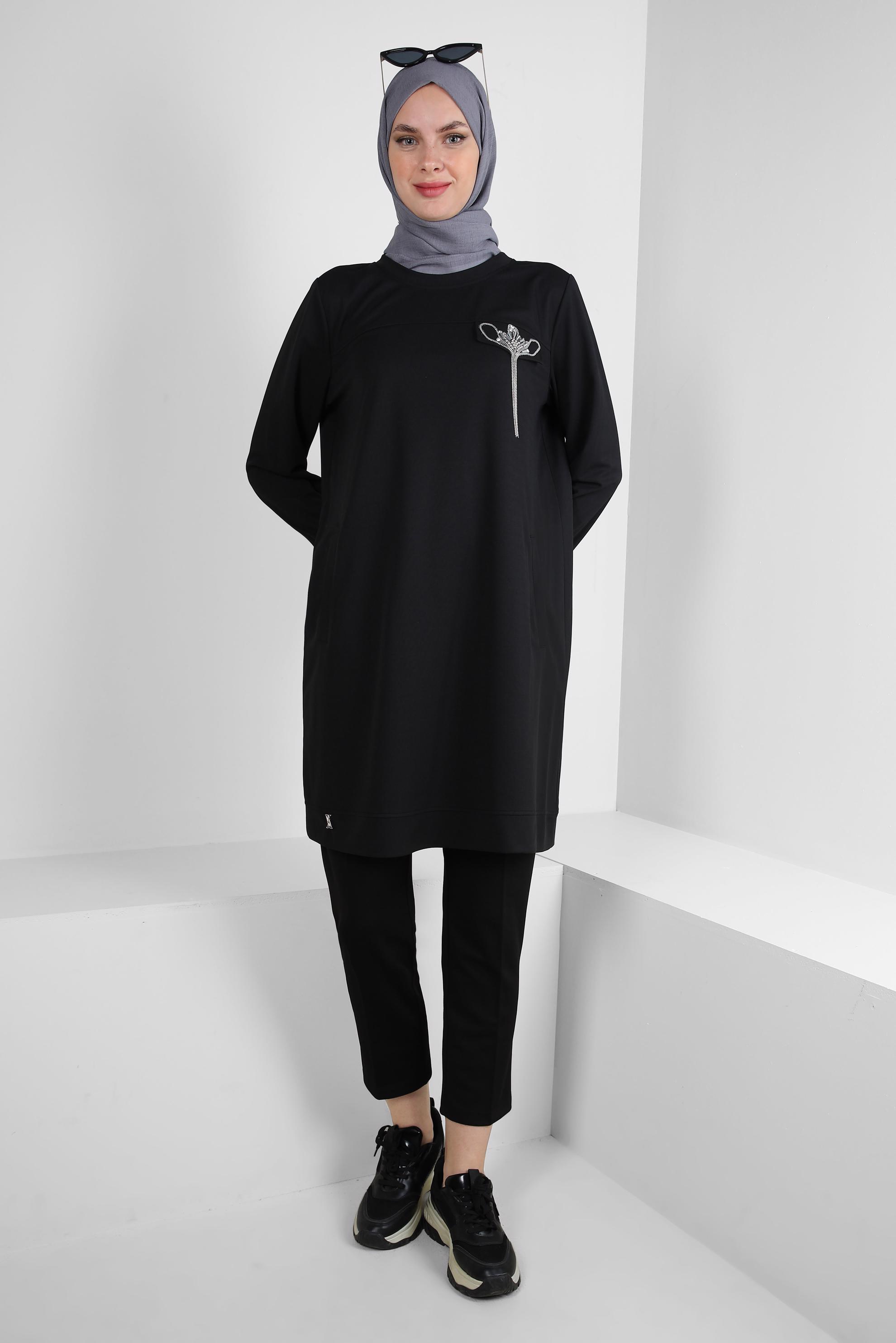 Vêtements hijab NOIR TUNIQUE DE SURVÊTEMENT COL ROND AVEC DÉTAIL GEM 43884
