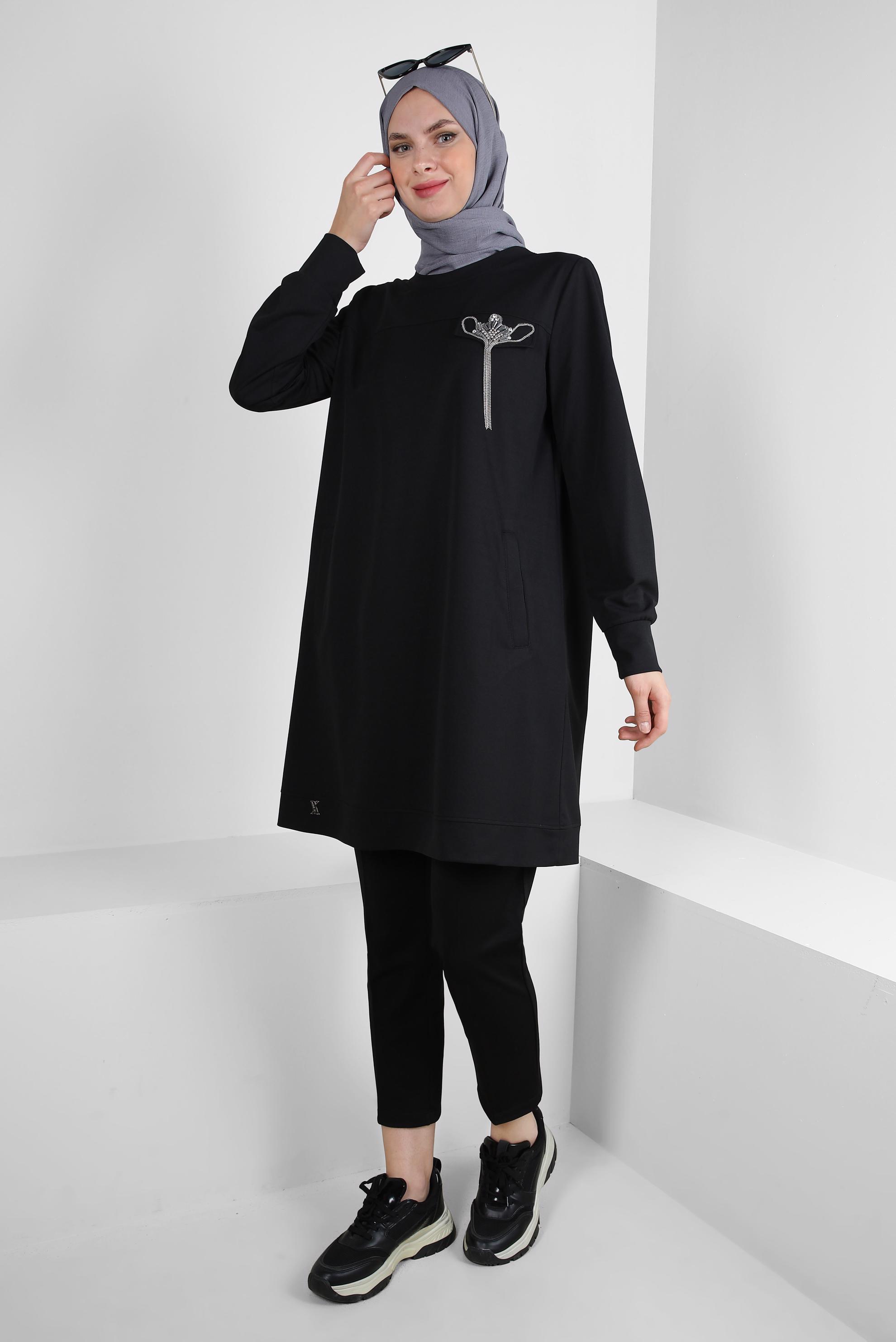 Vêtements hijab NOIR TUNIQUE DE SURVÊTEMENT COL ROND AVEC DÉTAIL GEM 43884