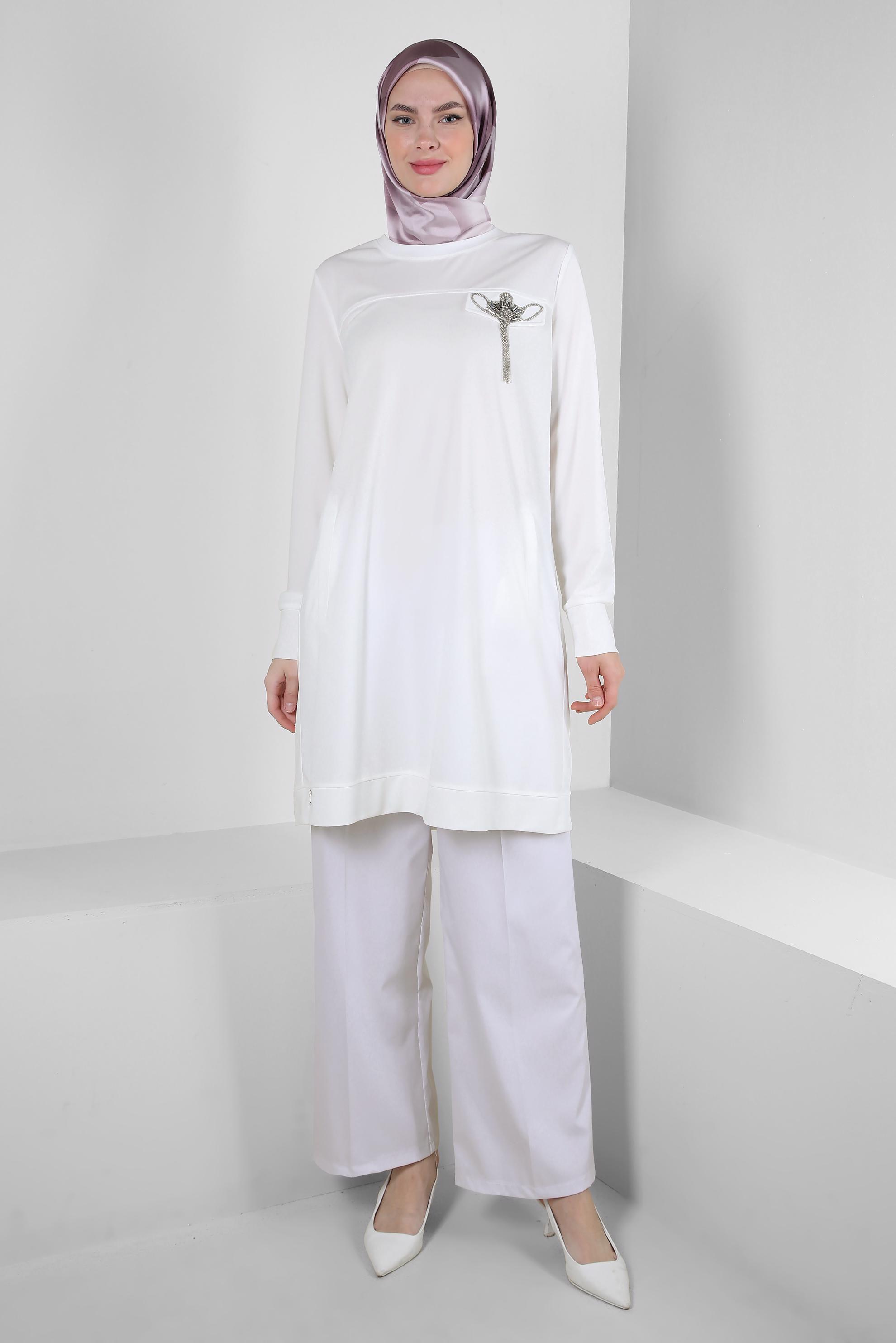 Vêtements hijab BLANC TUNIQUE DE SURVÊTEMENT COL ROND AVEC DÉTAIL GEM 43884