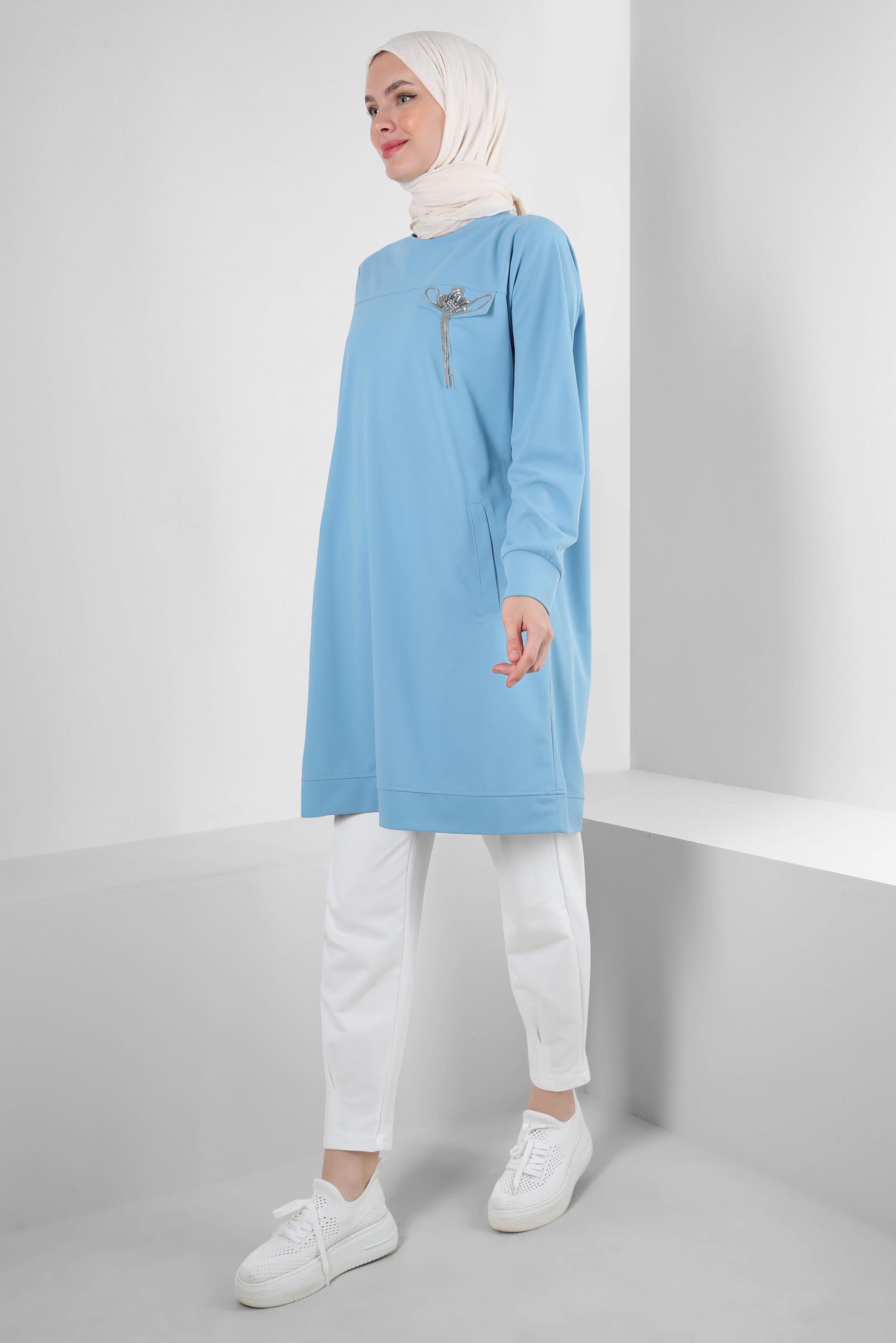 Tesettür giyim MAVİ TAŞ DETAYLI BİSİKLET YAKA EŞOFMAN TUNİK 43884