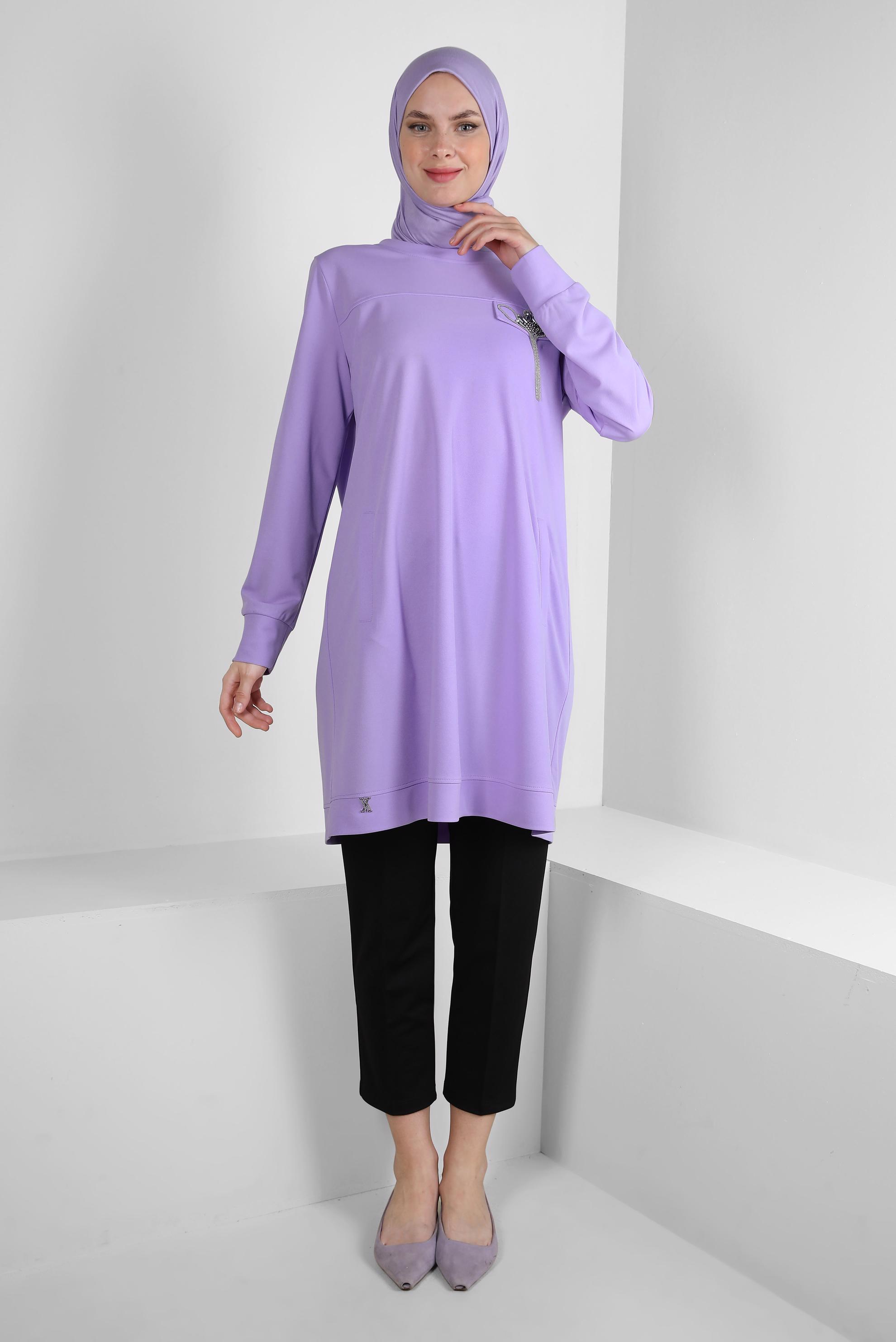 Vêtements hijab POURPRE TUNIQUE DE SURVÊTEMENT COL ROND AVEC DÉTAIL GEM 43884