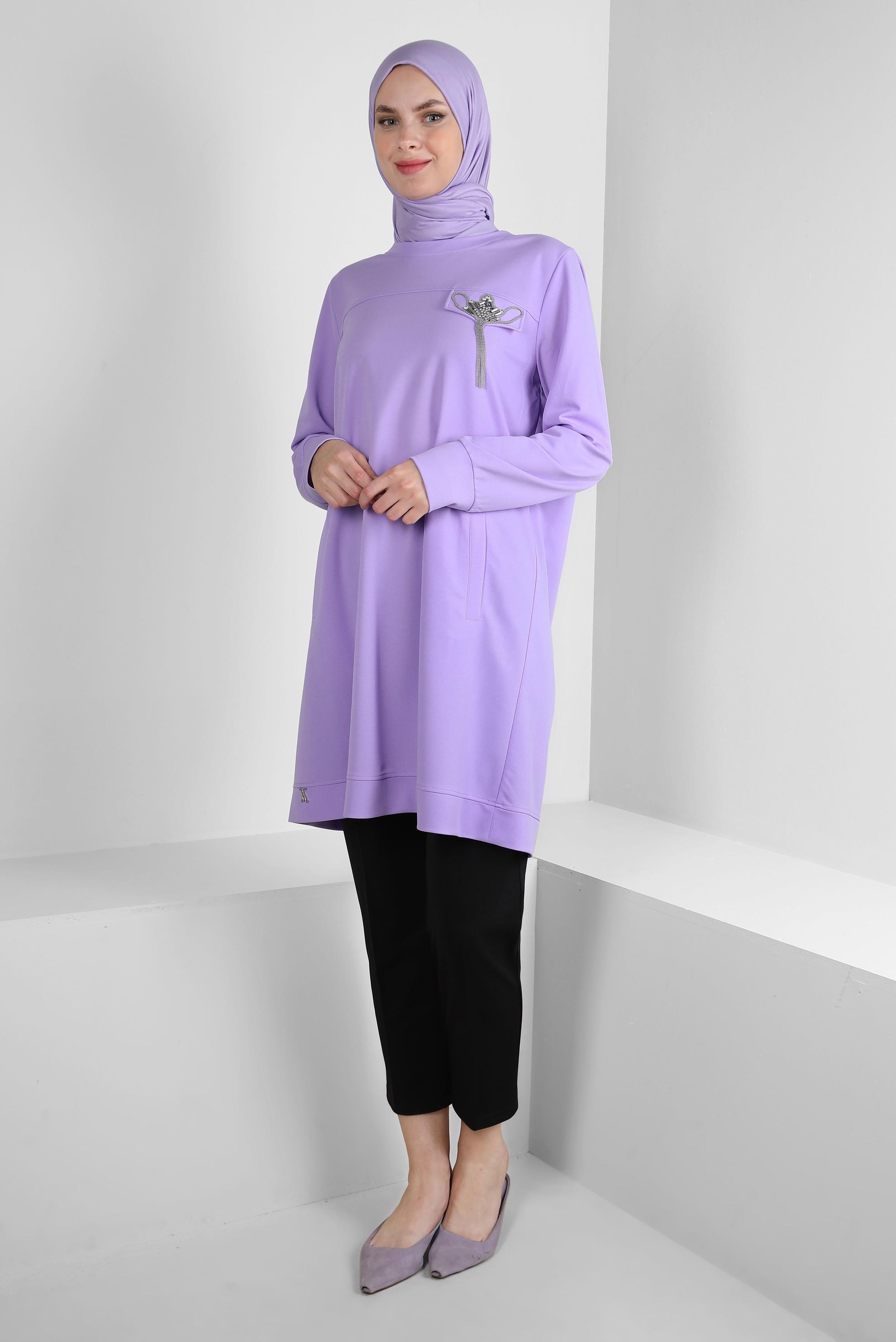 Vêtements hijab POURPRE TUNIQUE DE SURVÊTEMENT COL ROND AVEC DÉTAIL GEM 43884