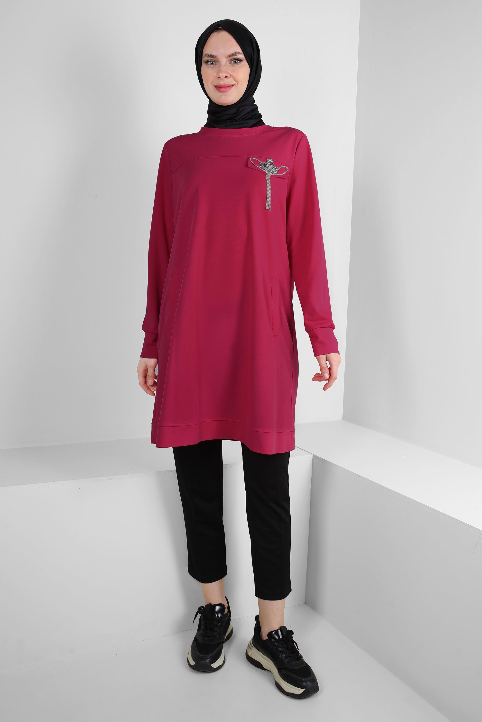 Vêtements hijab FUCHSIA TUNIQUE DE SURVÊTEMENT COL ROND AVEC DÉTAIL GEM 43884