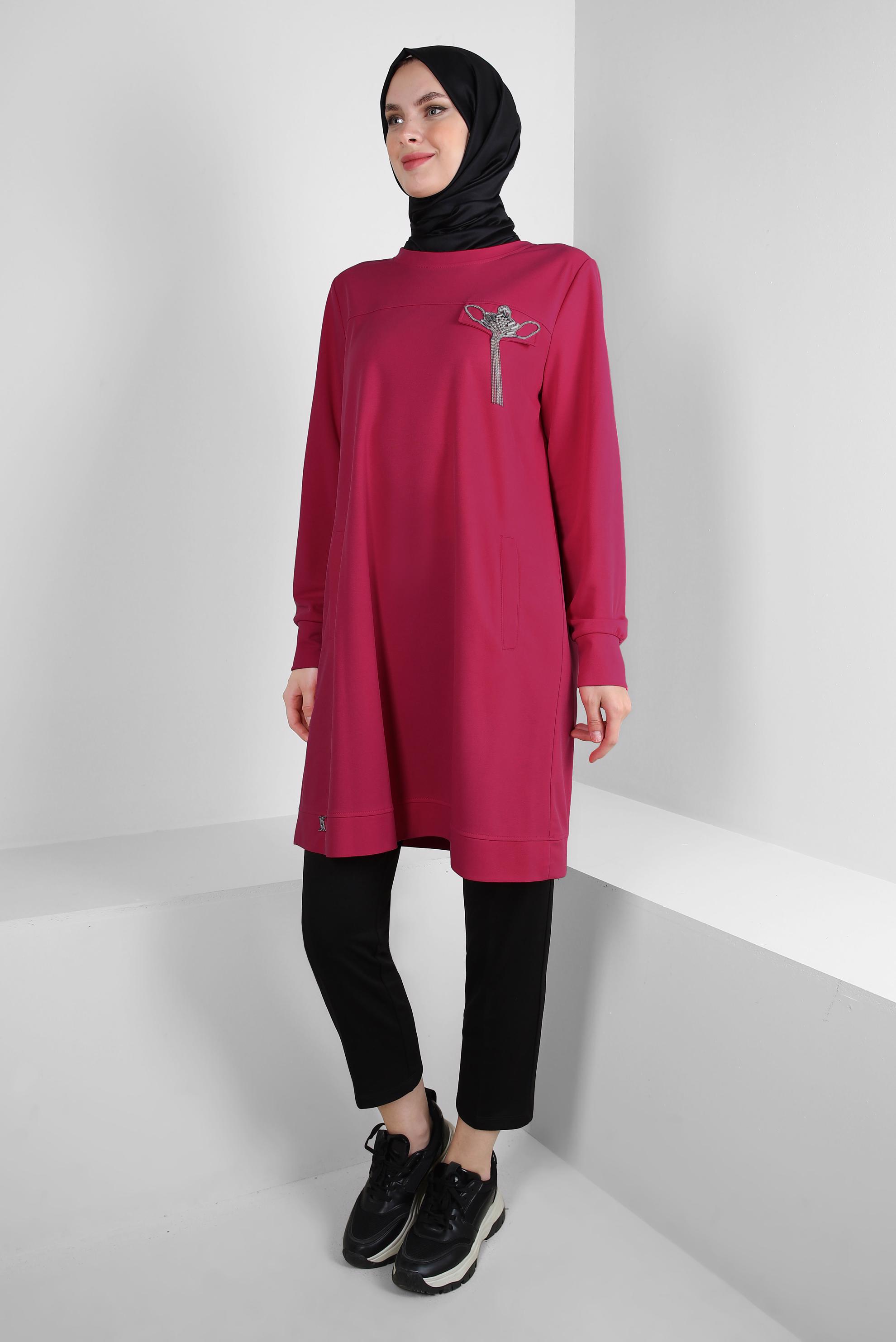 Vêtements hijab FUCHSIA TUNIQUE DE SURVÊTEMENT COL ROND AVEC DÉTAIL GEM 43884