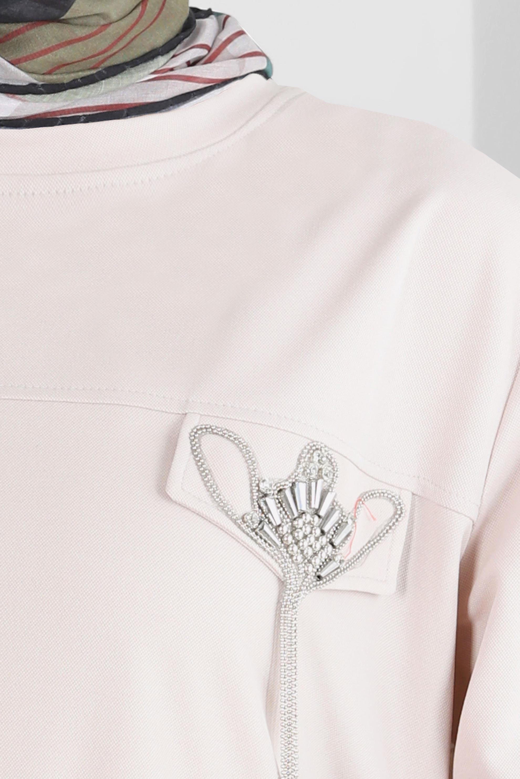 Tesettür giyim BEJ TAŞ DETAYLI BİSİKLET YAKA EŞOFMAN TUNİK 43884