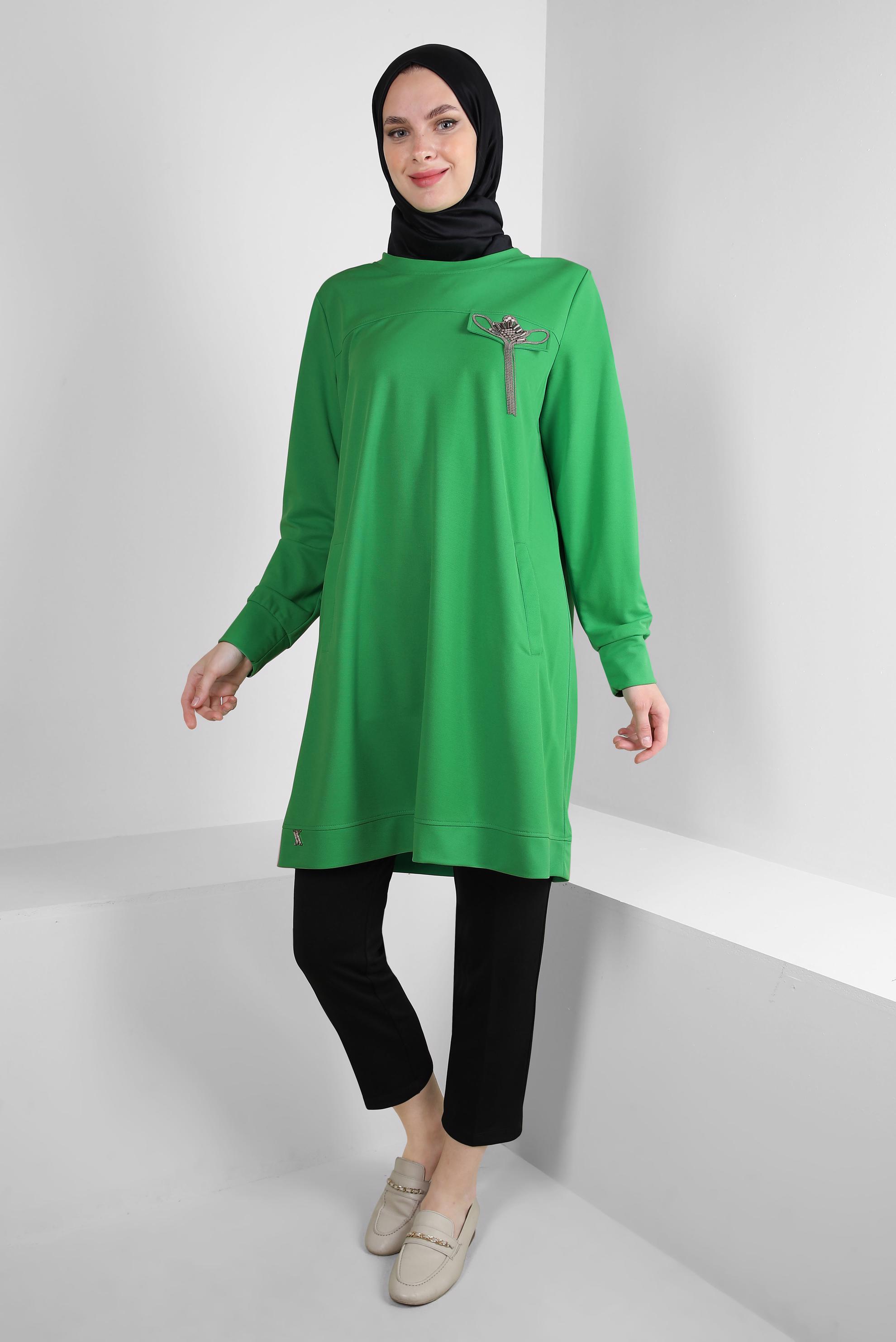 Vêtements hijab VERT TUNIQUE DE SURVÊTEMENT COL ROND AVEC DÉTAIL GEM 43884
