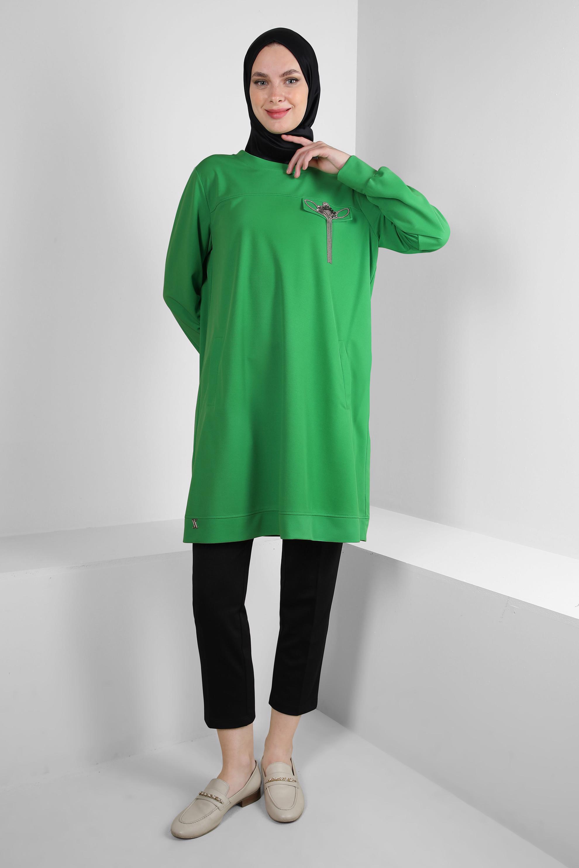 Vêtements hijab VERT TUNIQUE DE SURVÊTEMENT COL ROND AVEC DÉTAIL GEM 43884
