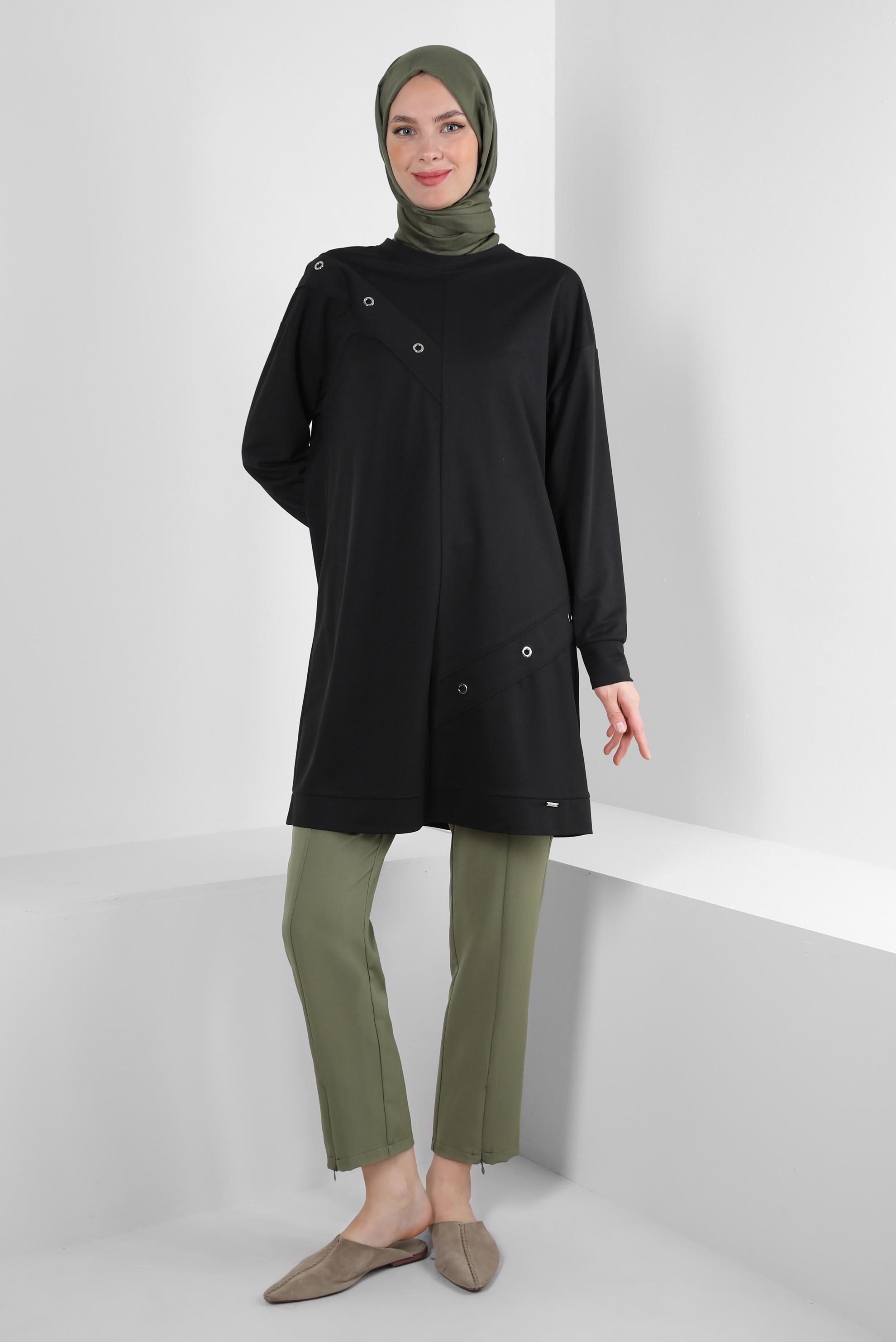Tesettür giyim SİYAH KUŞGÖZÜ DETAYLI EŞOFMAN TUNİK 43886