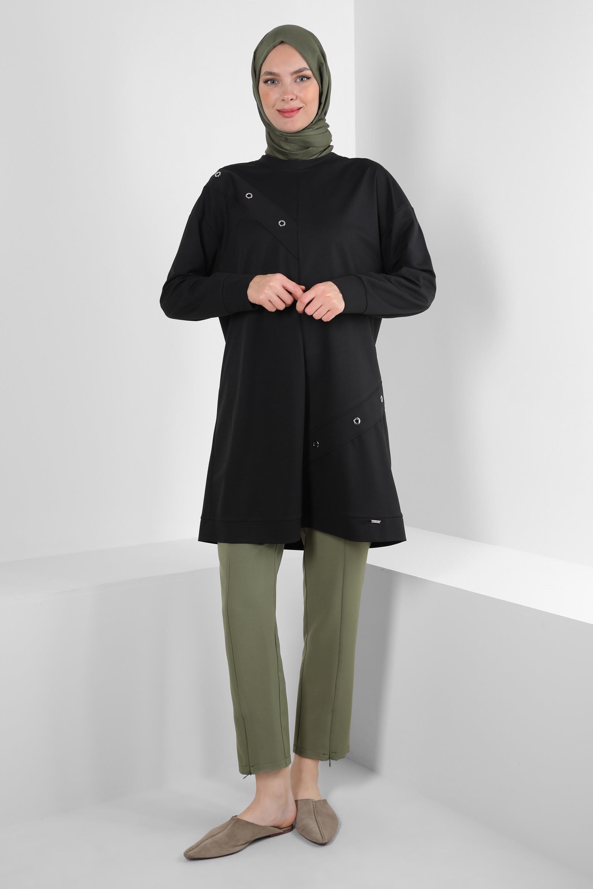Tesettür giyim SİYAH KUŞGÖZÜ DETAYLI EŞOFMAN TUNİK 43886