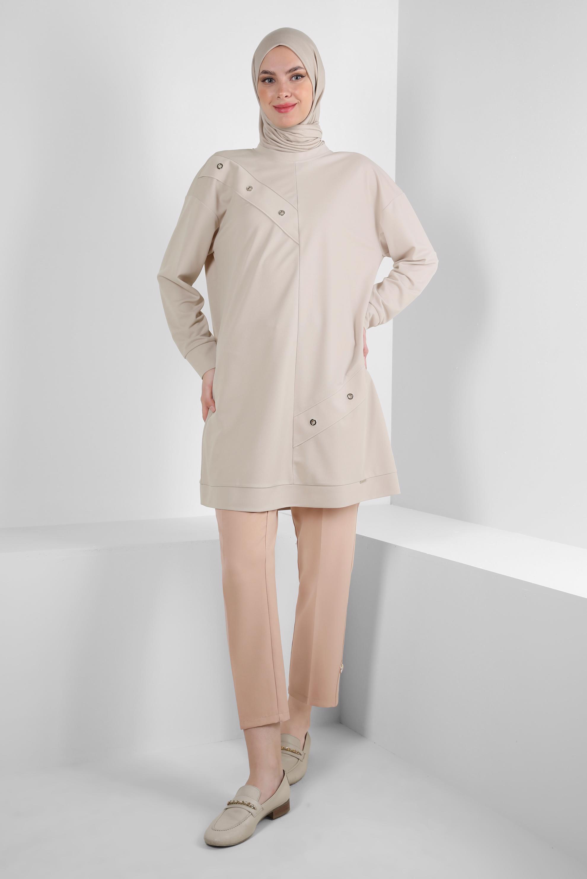 Tesettür giyim BEJ KUŞGÖZÜ DETAYLI EŞOFMAN TUNİK 43886