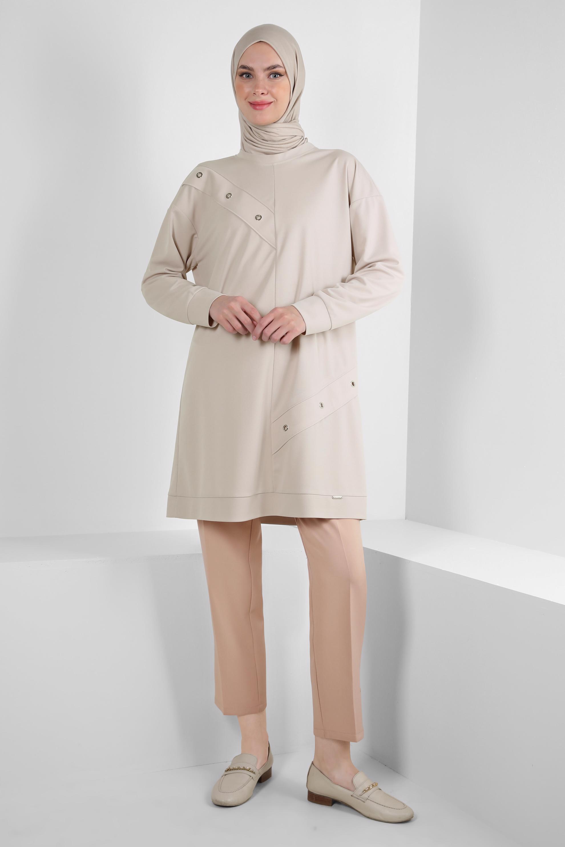 Tesettür giyim BEJ KUŞGÖZÜ DETAYLI EŞOFMAN TUNİK 43886