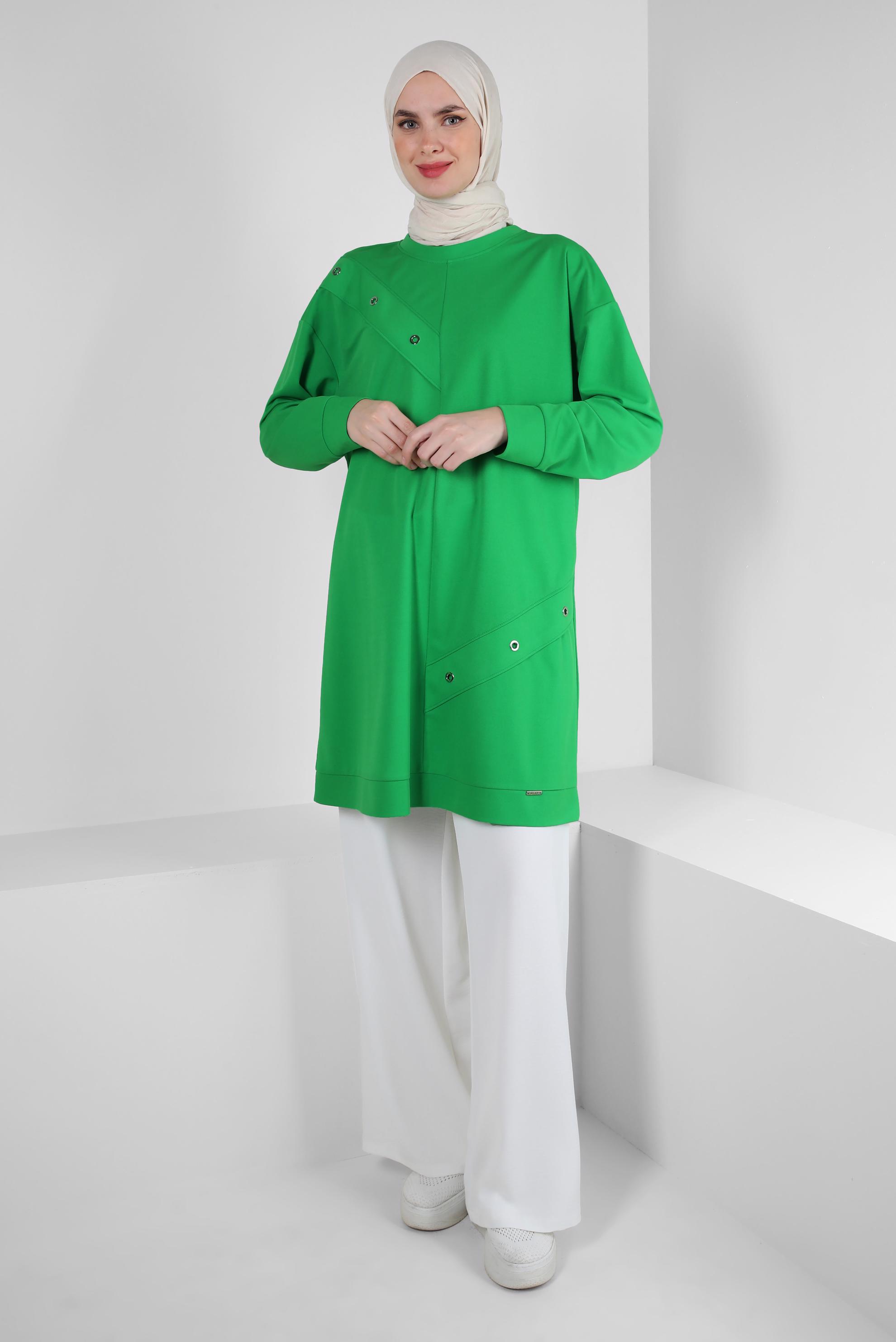 Tesettür giyim YEŞİL KUŞGÖZÜ DETAYLI EŞOFMAN TUNİK 43886