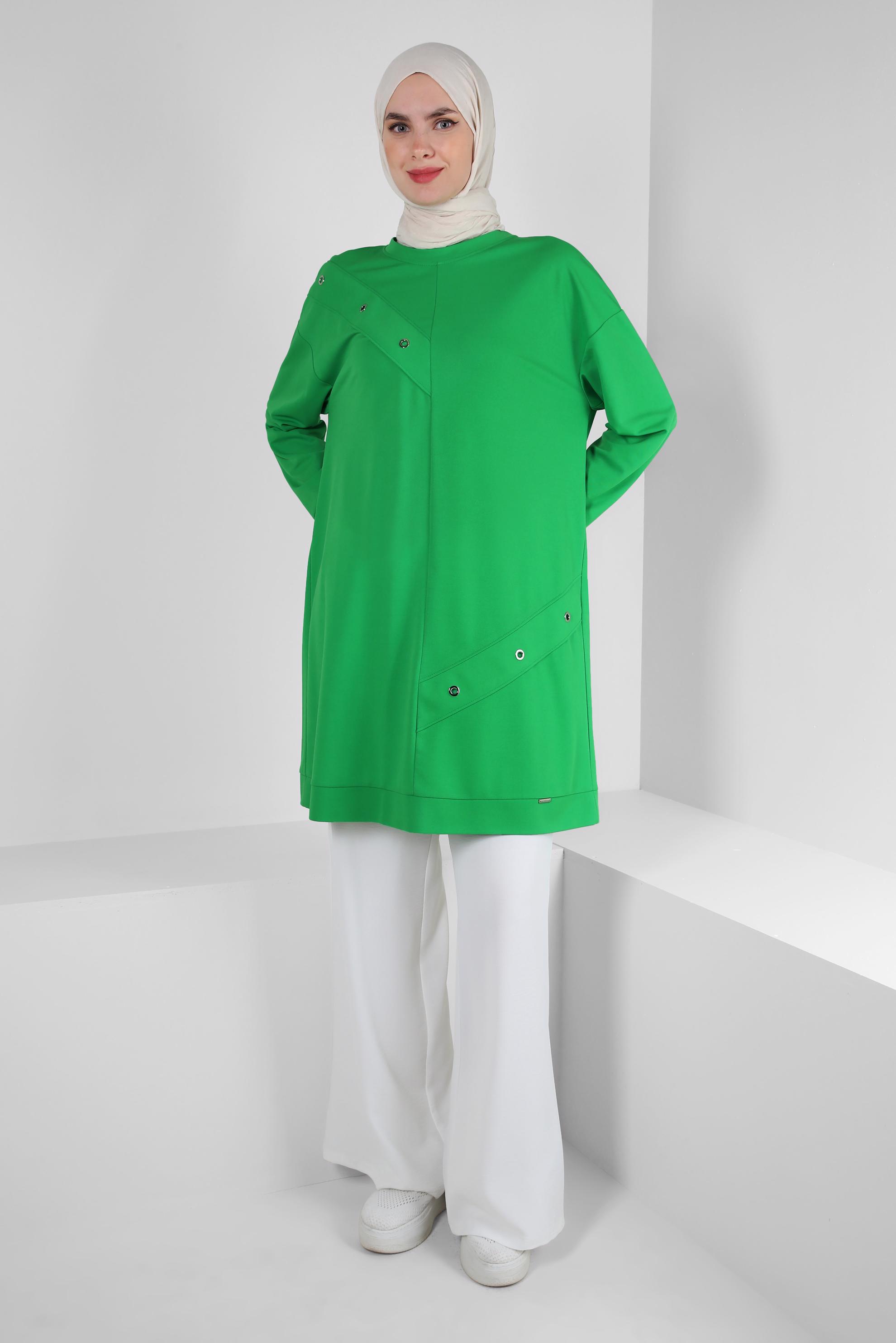 Tesettür giyim YEŞİL KUŞGÖZÜ DETAYLI EŞOFMAN TUNİK 43886