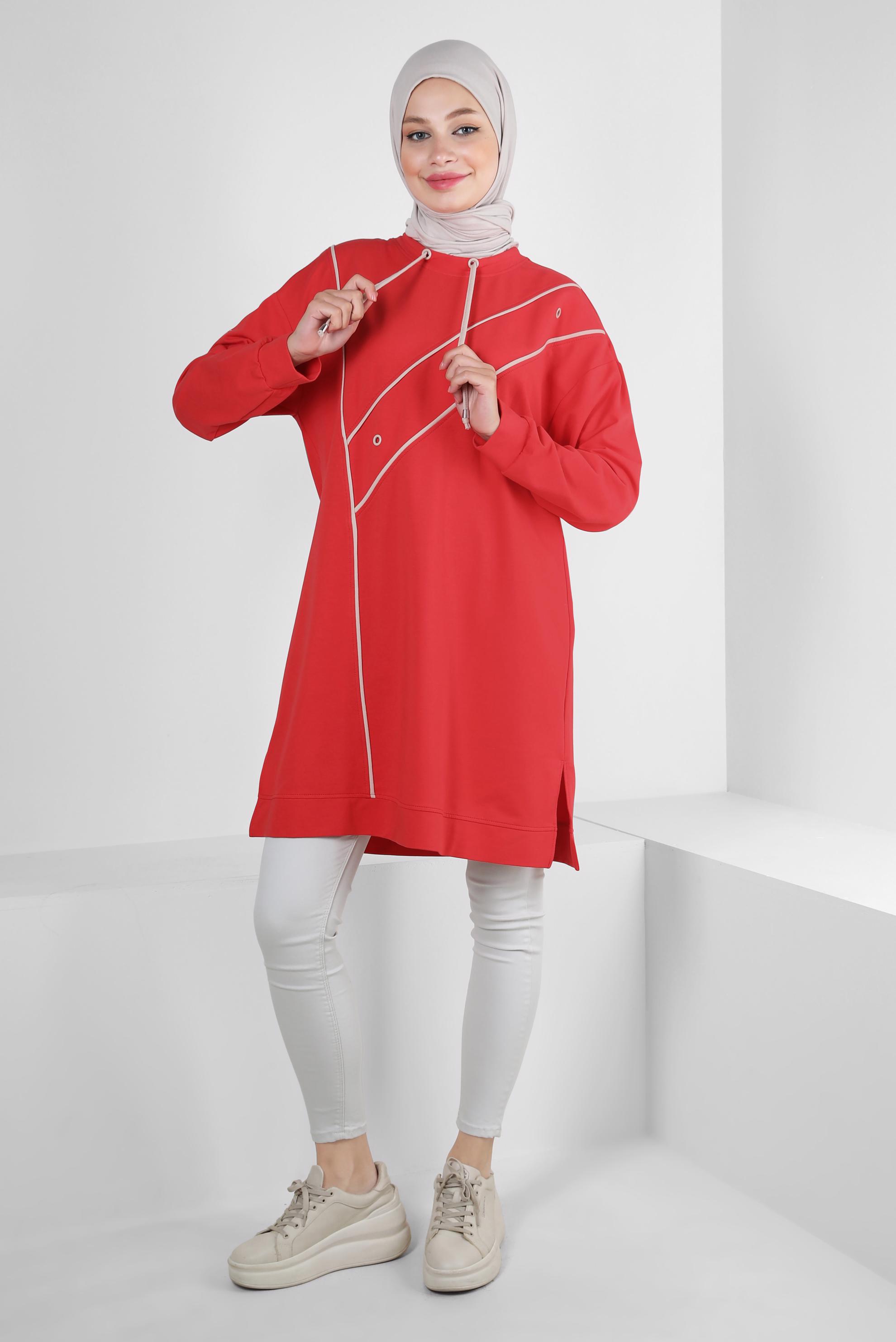 Tesettür giyim KIRMIZI KUŞGÖZÜ DETAYLI YAKASI BAĞCIKLI EŞOFMAN TUNİK 43887