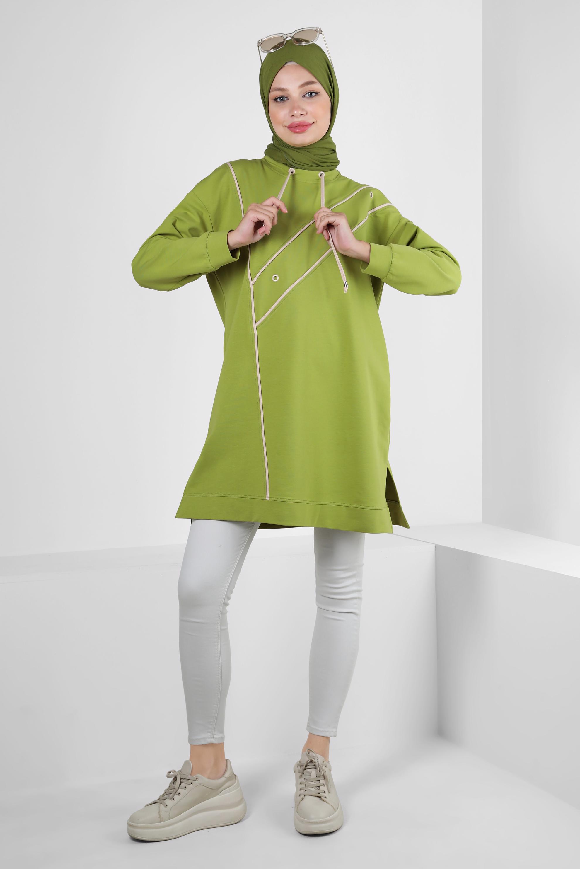 Tesettür giyim YEŞİL KUŞGÖZÜ DETAYLI YAKASI BAĞCIKLI EŞOFMAN TUNİK 43887