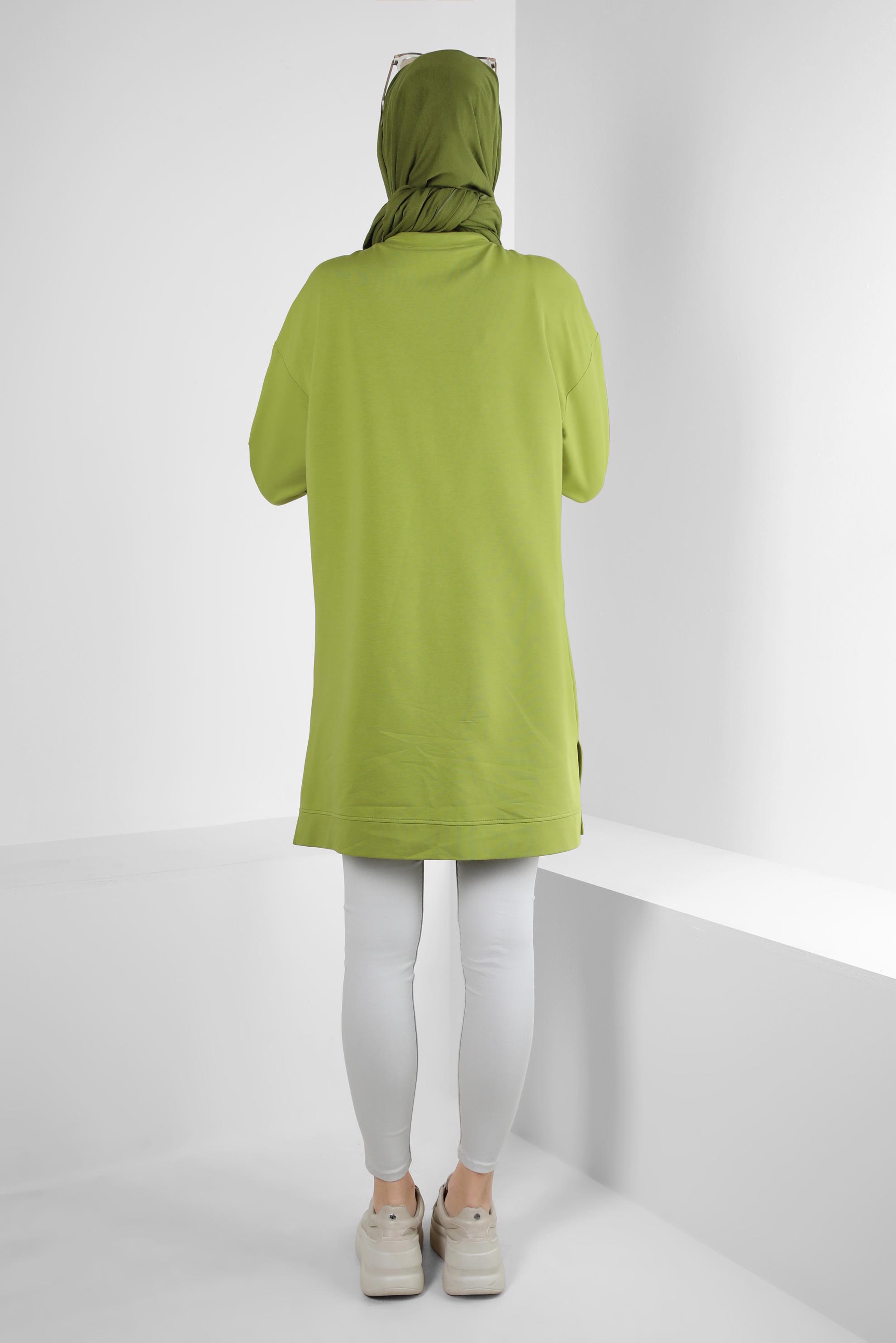 Tesettür giyim YEŞİL KUŞGÖZÜ DETAYLI YAKASI BAĞCIKLI EŞOFMAN TUNİK 43887