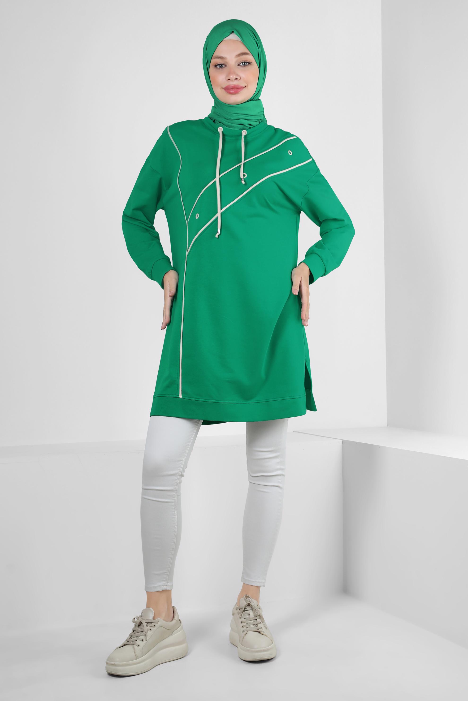 Tesettür giyim YEŞİL KUŞGÖZÜ DETAYLI YAKASI BAĞCIKLI EŞOFMAN TUNİK 43887