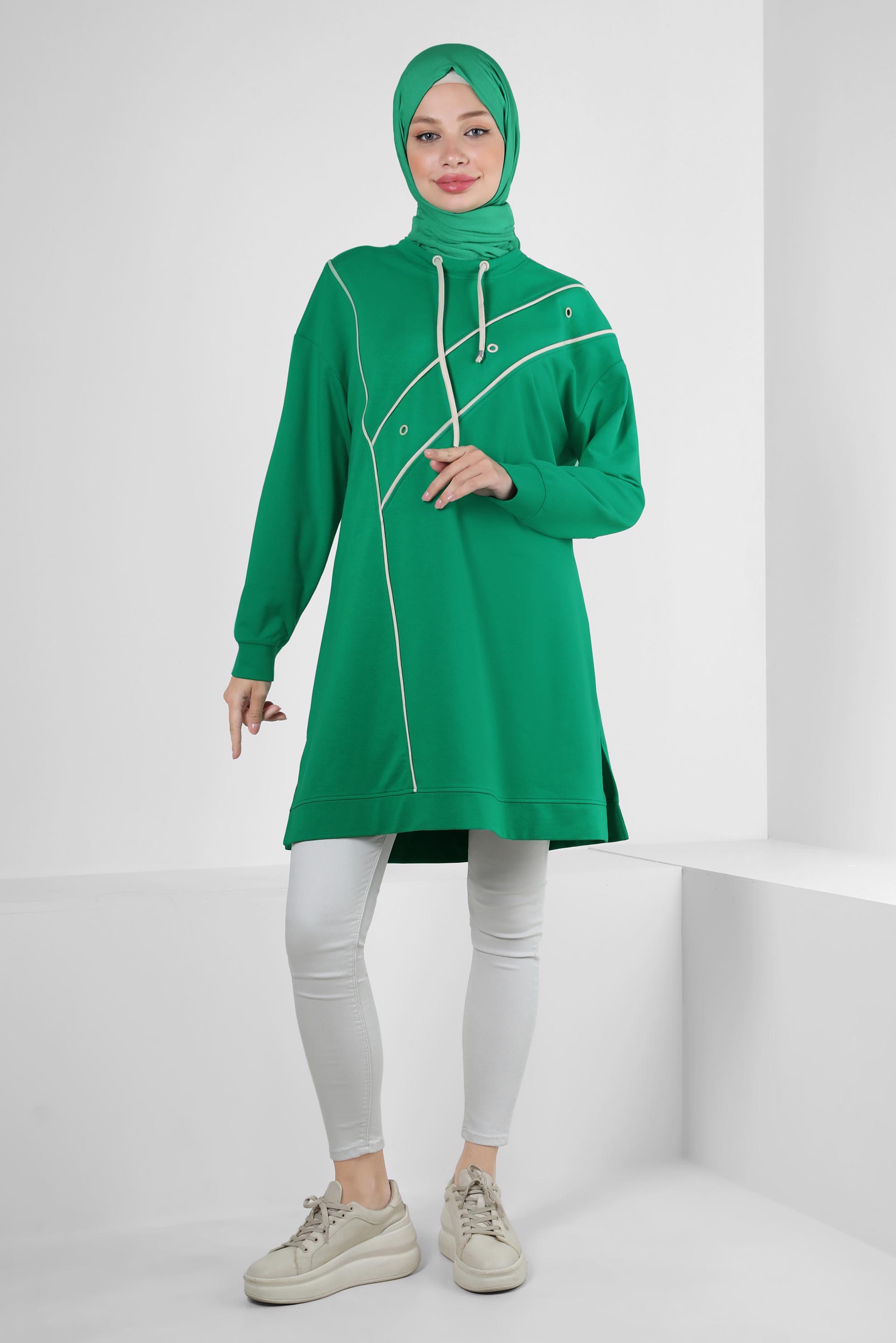Tesettür giyim YEŞİL KUŞGÖZÜ DETAYLI YAKASI BAĞCIKLI EŞOFMAN TUNİK 43887