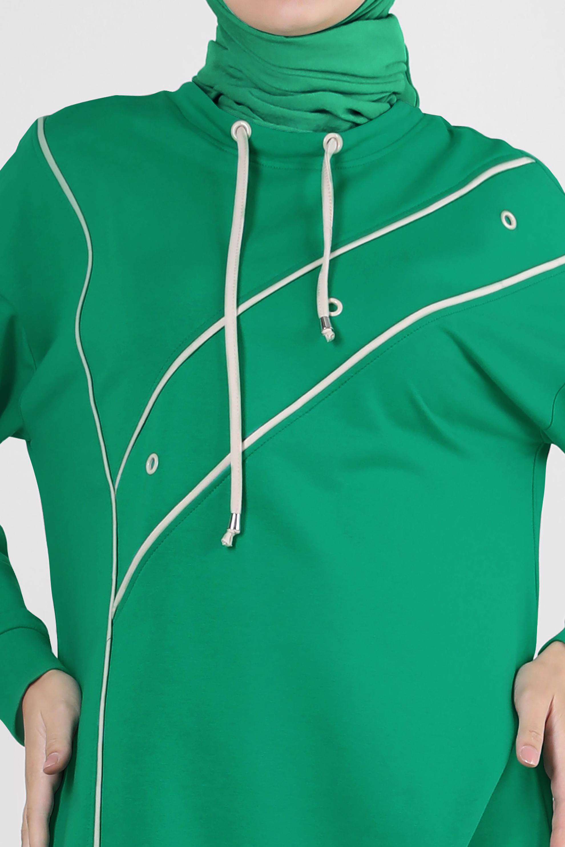 Tesettür giyim YEŞİL KUŞGÖZÜ DETAYLI YAKASI BAĞCIKLI EŞOFMAN TUNİK 43887