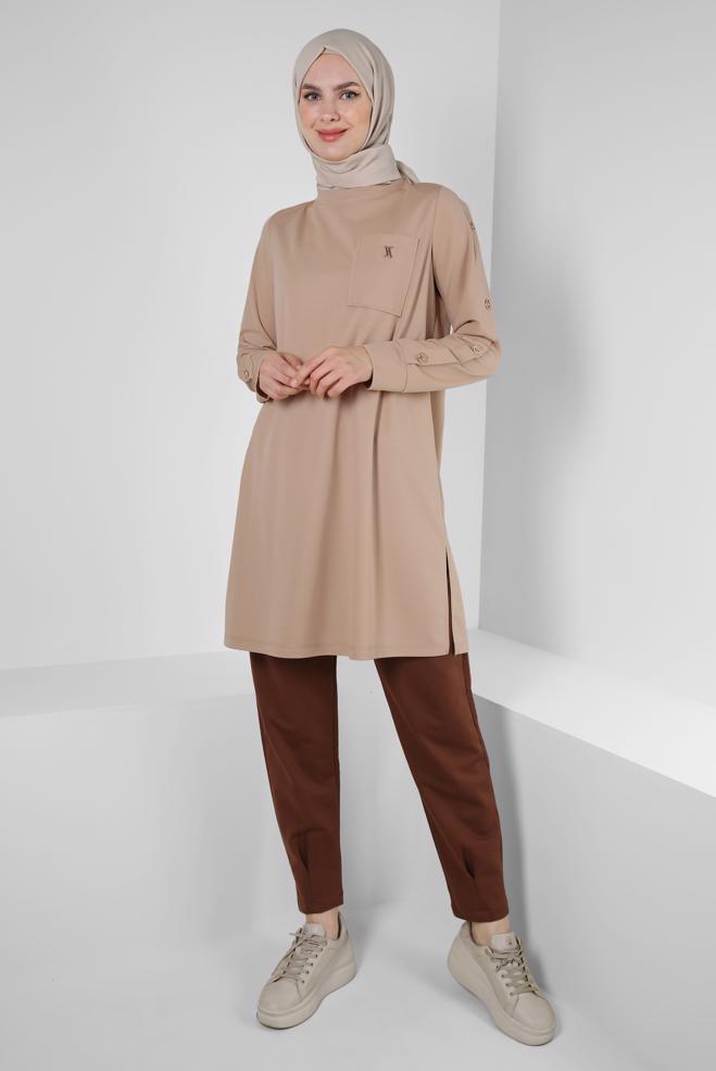 Hijab clothing BROWN PLEAT DETAIL TRACKSUIT PANTS WITH POCKETS 70569 - ALVİNA