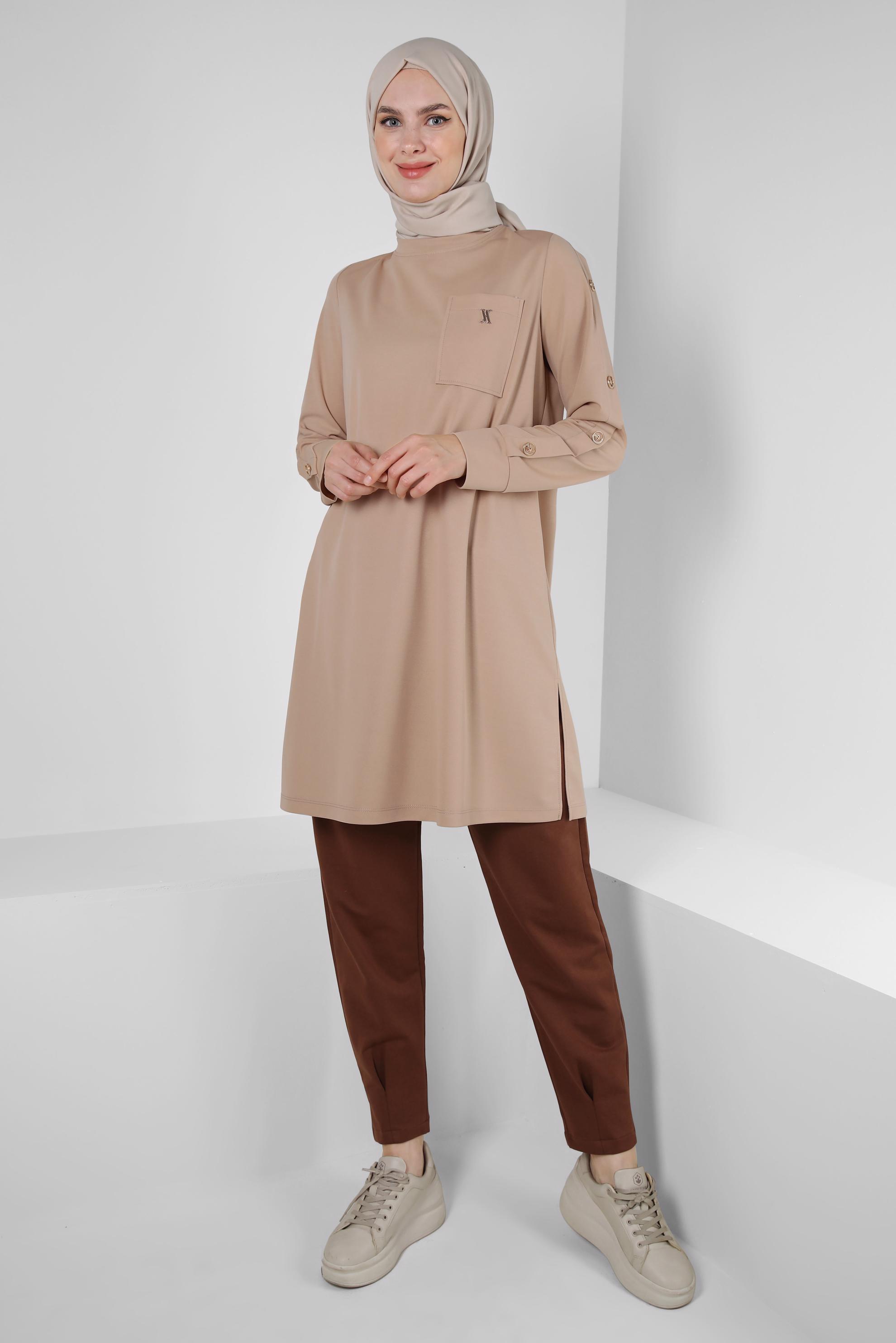 Vêtements hijab BRUN PANTALON DE SURVÊTEMENT AVEC POCHES DÉTAIL PLIS 70569