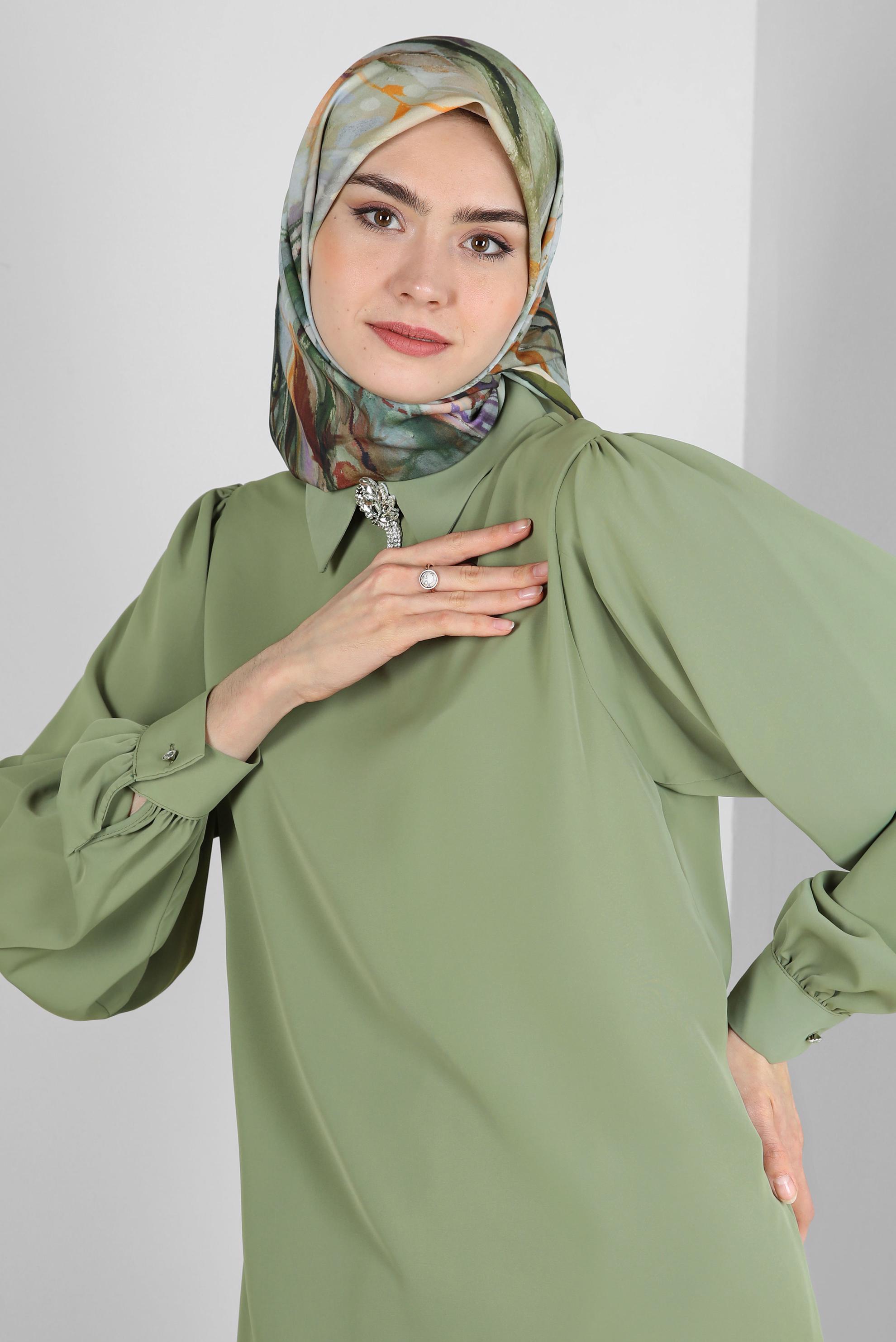 Tesettür giyim YEŞİL ALVİNA YAPRAK DESENLİ EŞARP 8231