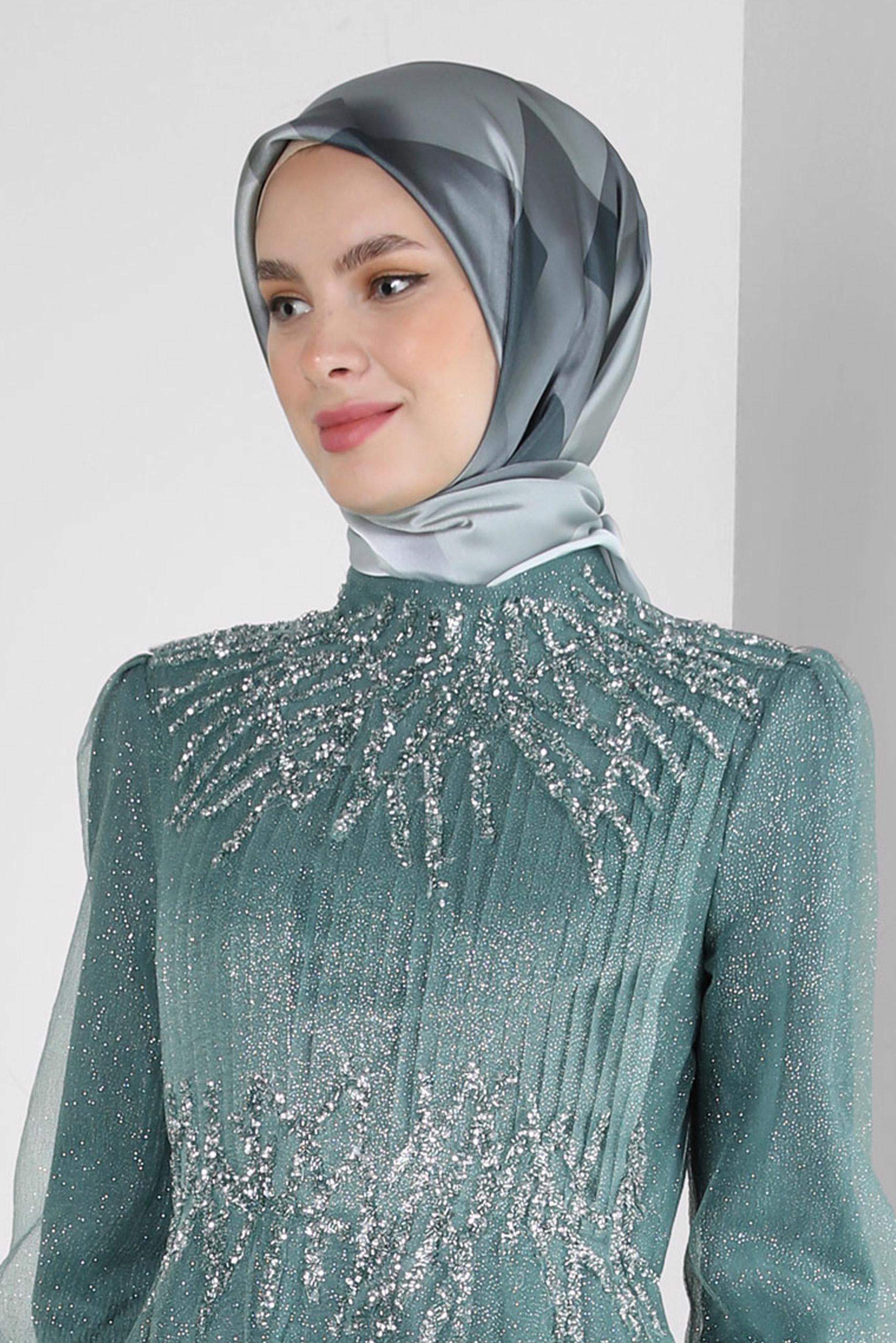 Tesettür giyim YEŞİL ALVİNA GEOMETRİK DESENLİ EŞARP 8250
