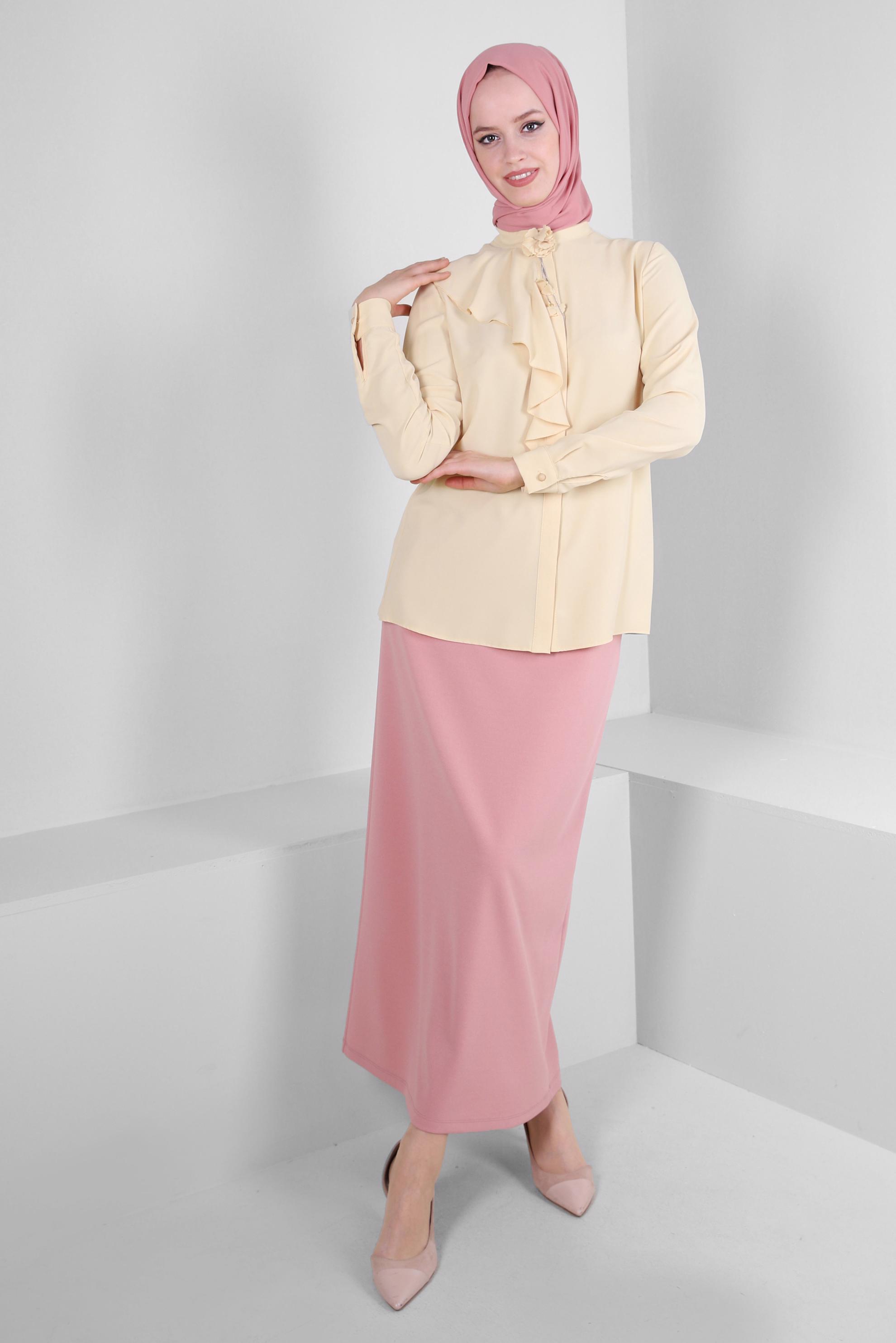 Tesettür giyim PUDRA BELİ LASTİKLİ DÜZ KESİM ETEK 60400