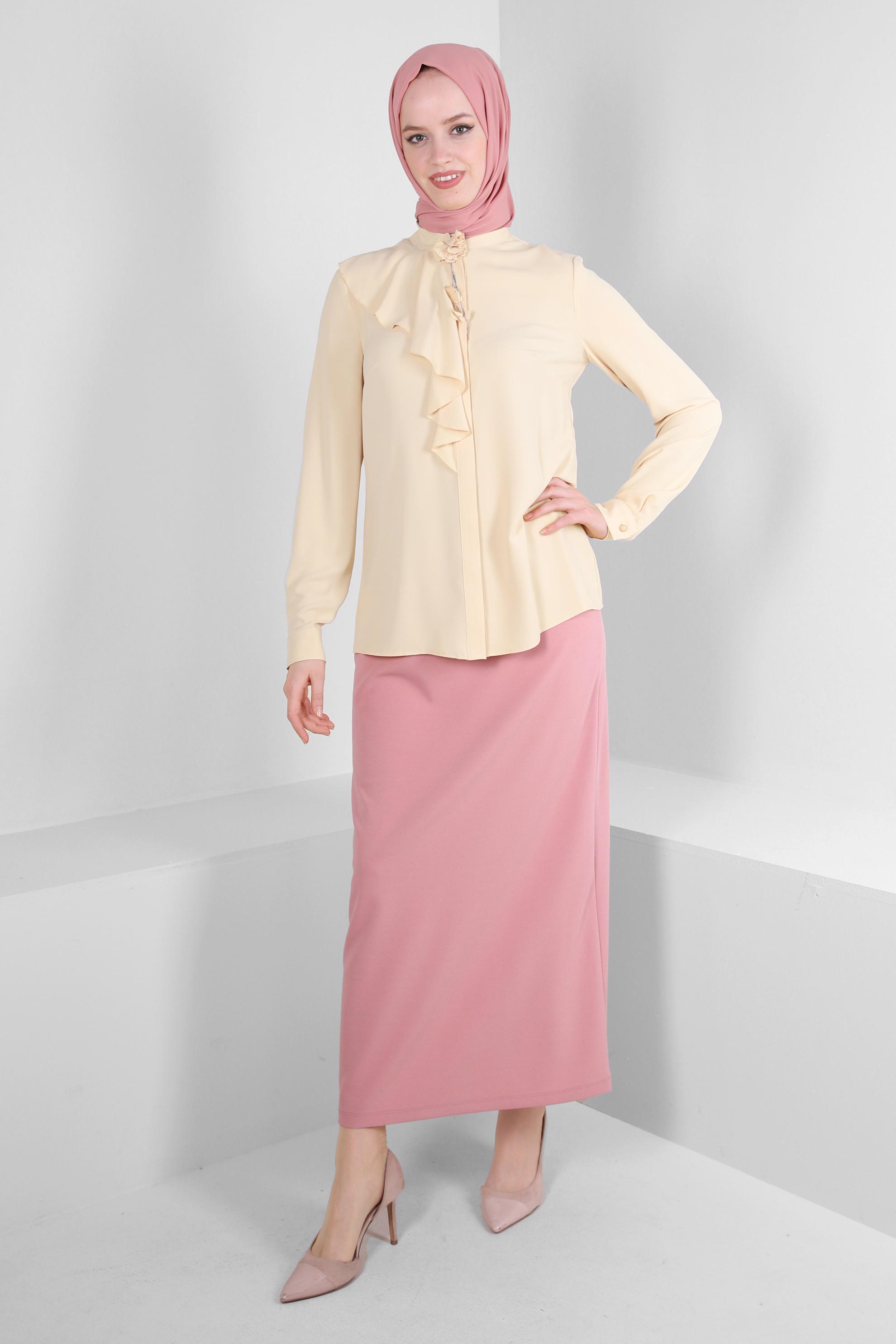 Tesettür giyim PUDRA BELİ LASTİKLİ DÜZ KESİM ETEK 60400