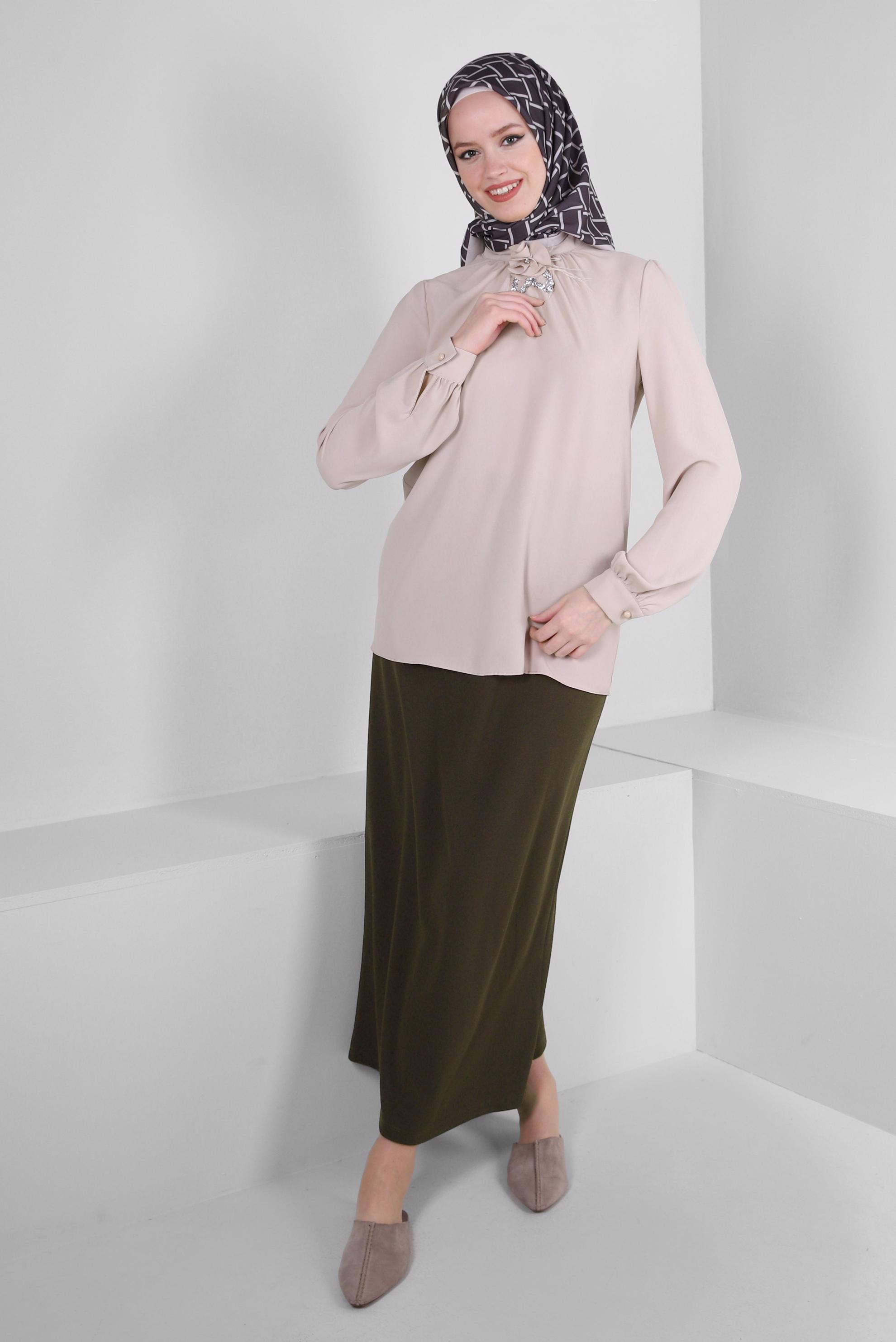 Vêtements hijab KAKI JUPE COUPE DROITE À TAILLE ÉLASTIQUE 60400