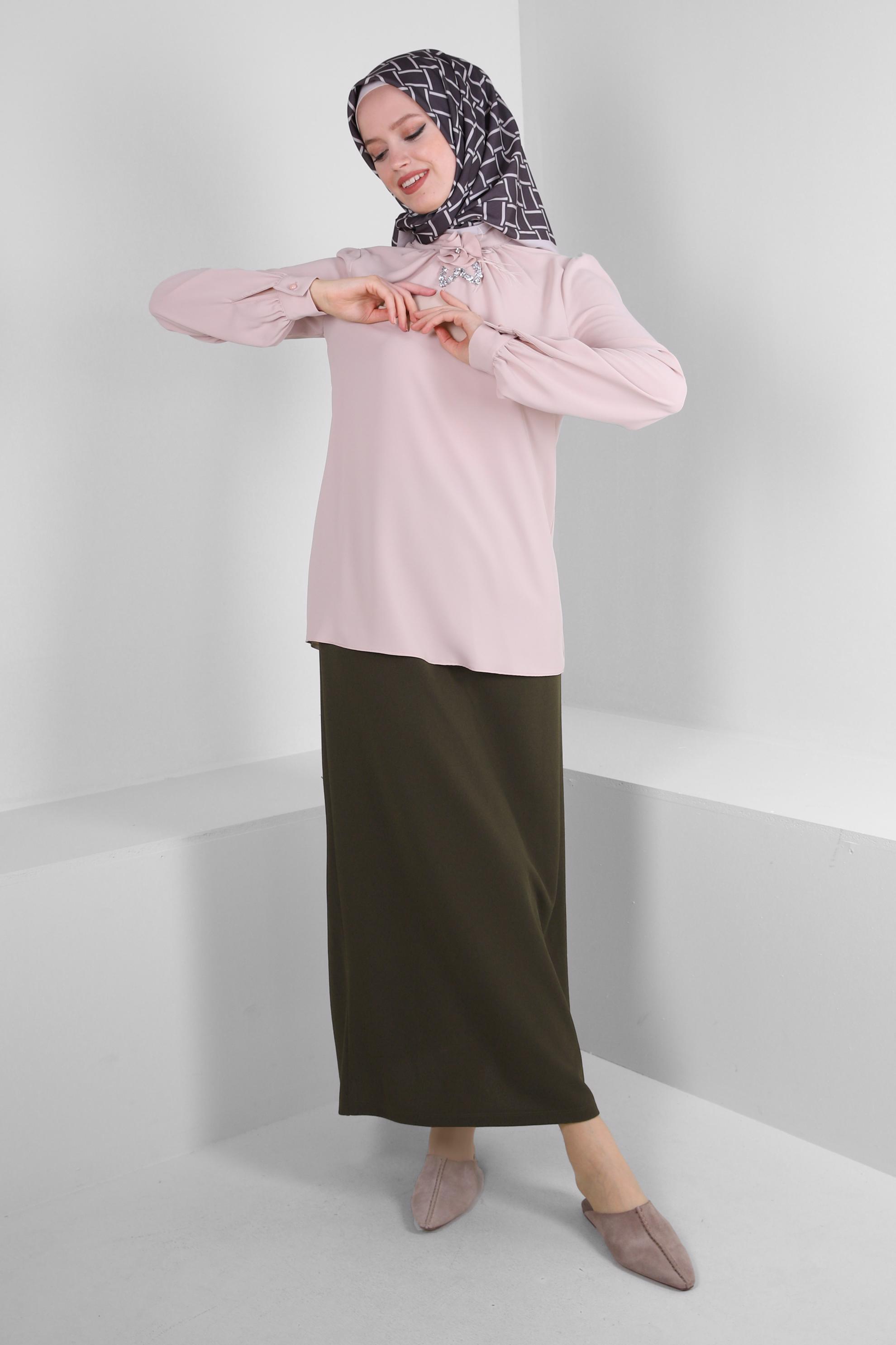 Vêtements hijab KAKI JUPE COUPE DROITE À TAILLE ÉLASTIQUE 60400