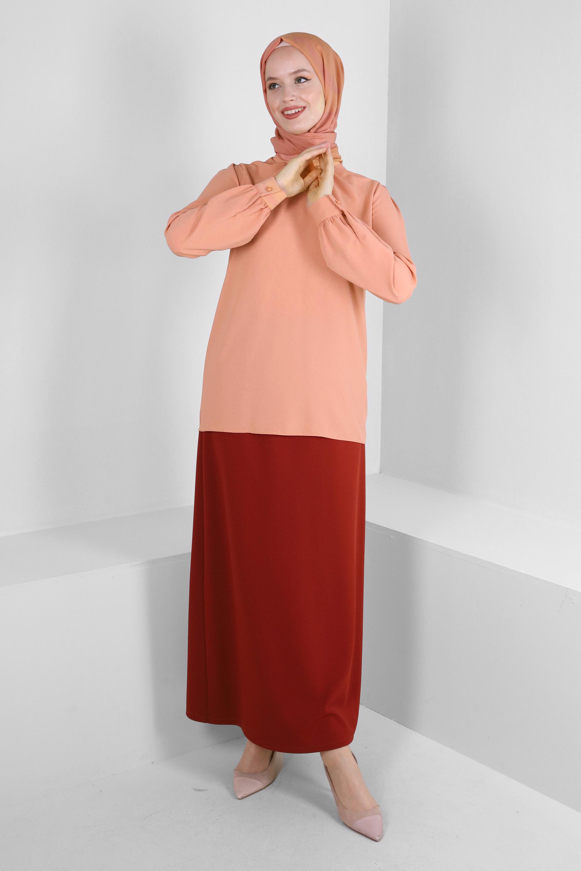 Tesettür giyim TURUNCU BELİ LASTİKLİ DÜZ KESİM ETEK 60401