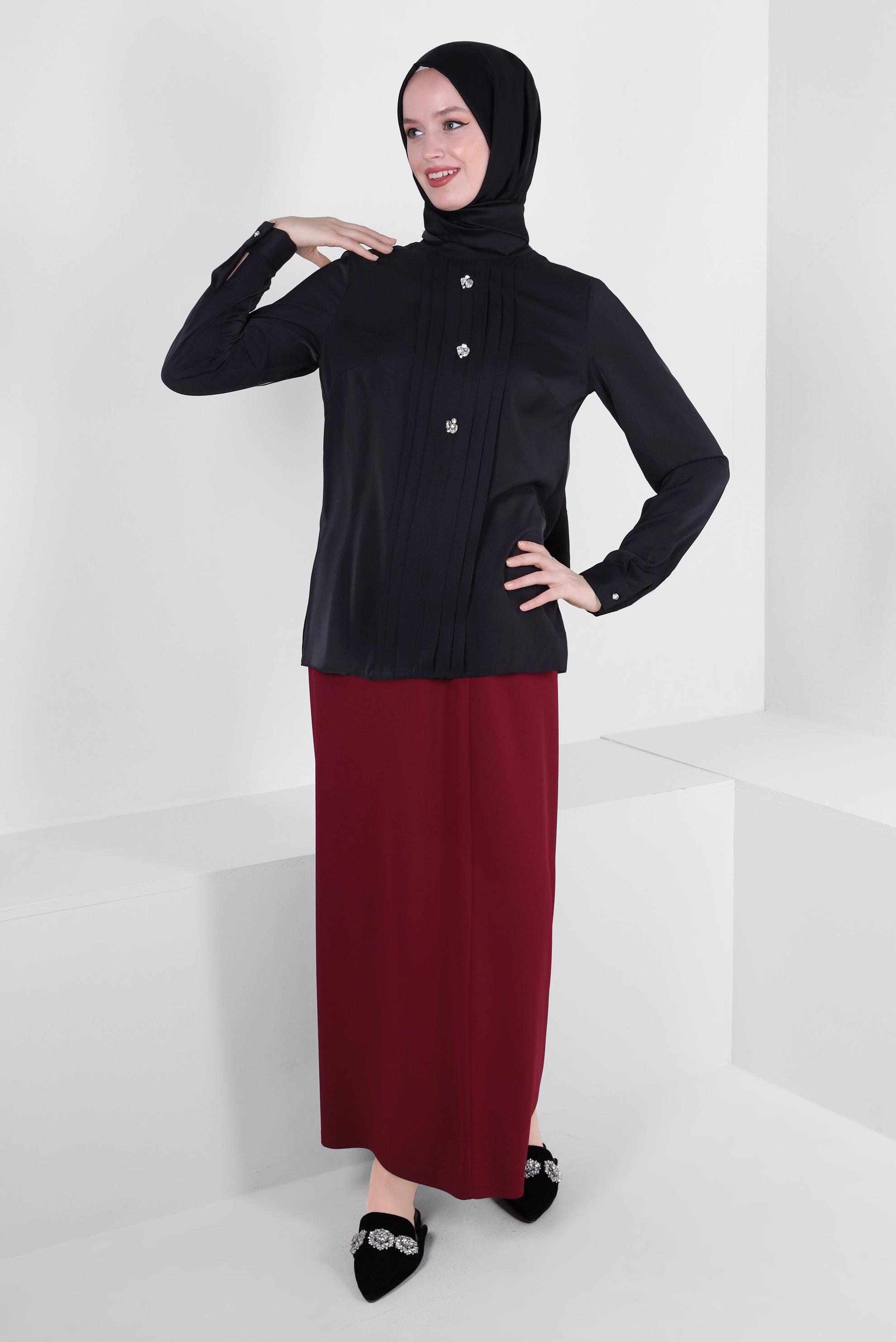 Tesettür giyim KIRMIZI BELİ LASTİKLİ DÜZ KESİM ETEK 60401