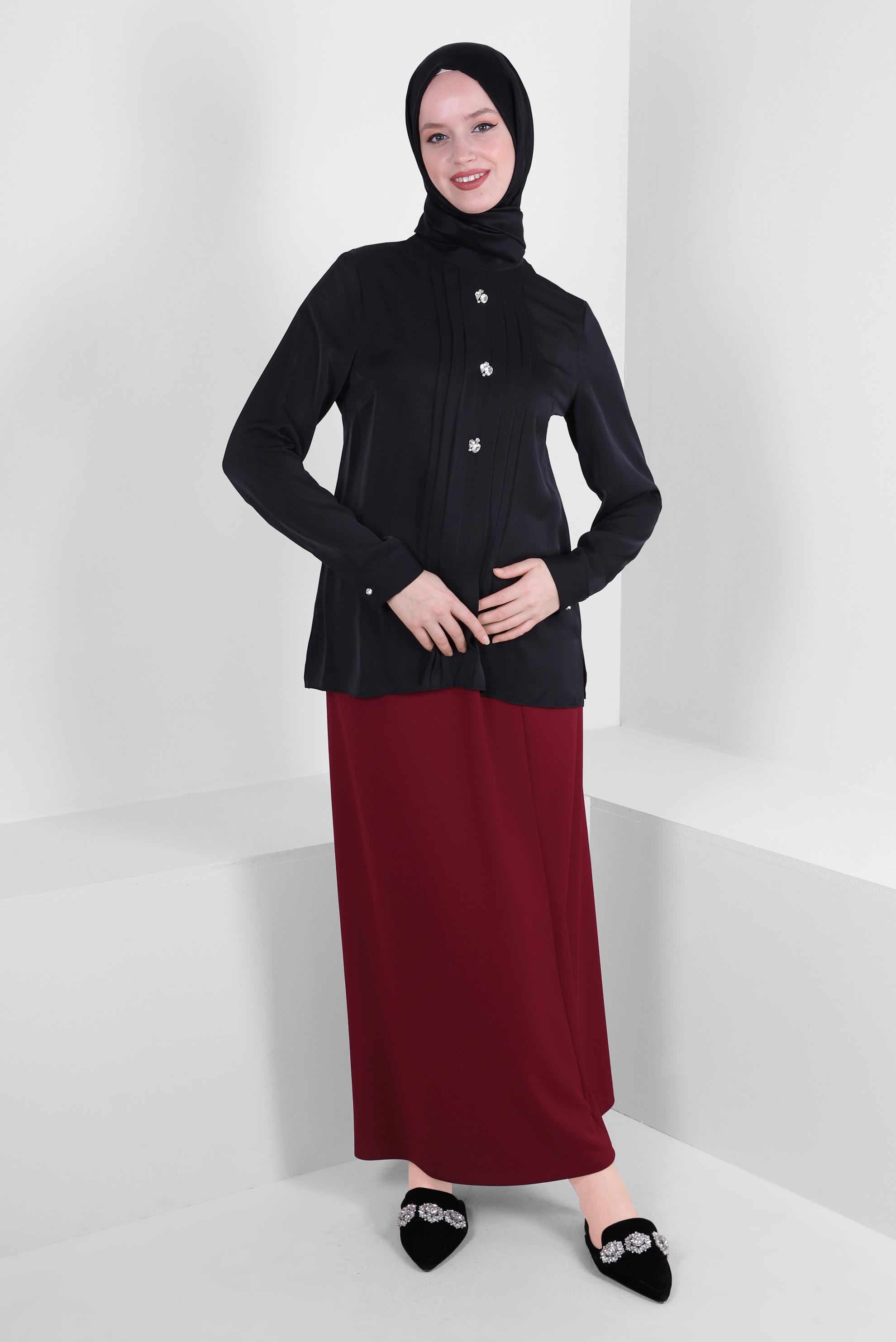 Tesettür giyim KIRMIZI BELİ LASTİKLİ DÜZ KESİM ETEK 60401