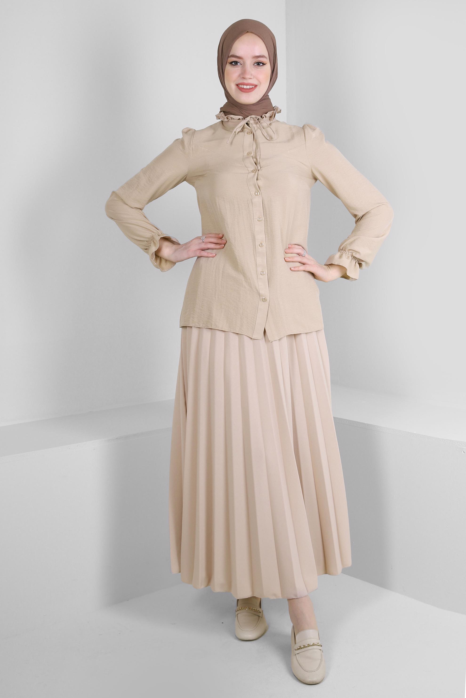 Tesettür giyim BEJ BELİ LASTİKLİ PİLİSELİ ETEK 60402
