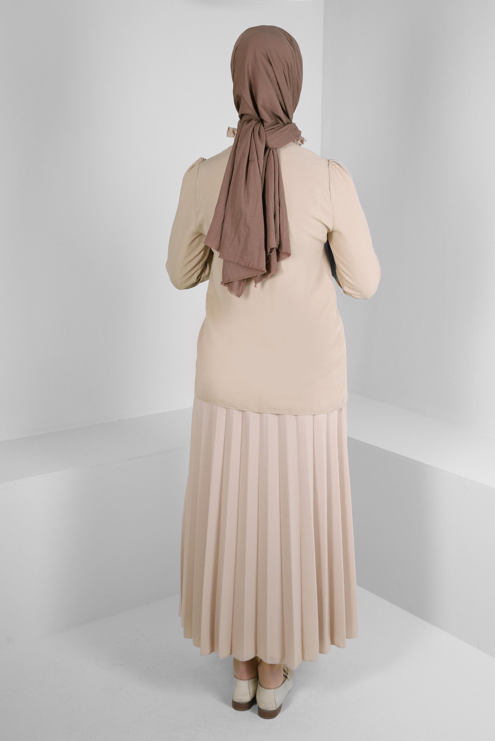 Tesettür giyim BEJ BELİ LASTİKLİ PİLİSELİ ETEK 60402