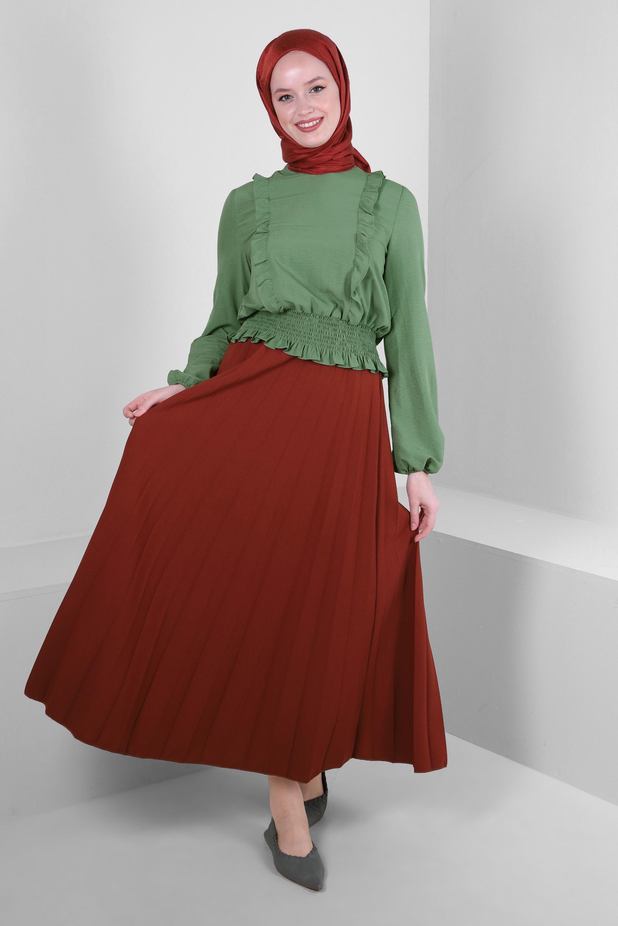 Tesettür giyim TURUNCU BELİ LASTİKLİ PİLİSELİ ETEK 60402