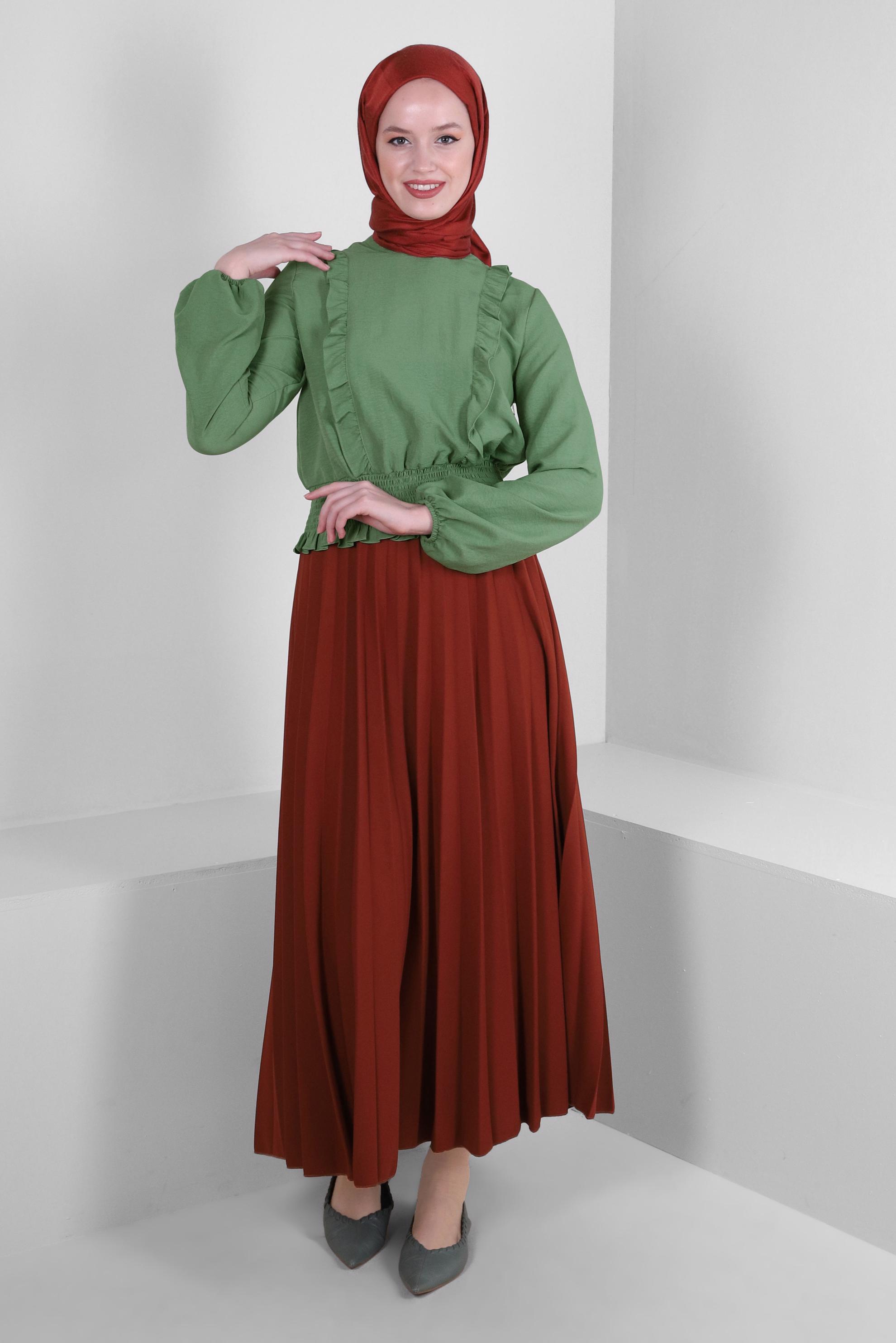 Tesettür giyim TURUNCU BELİ LASTİKLİ PİLİSELİ ETEK 60402