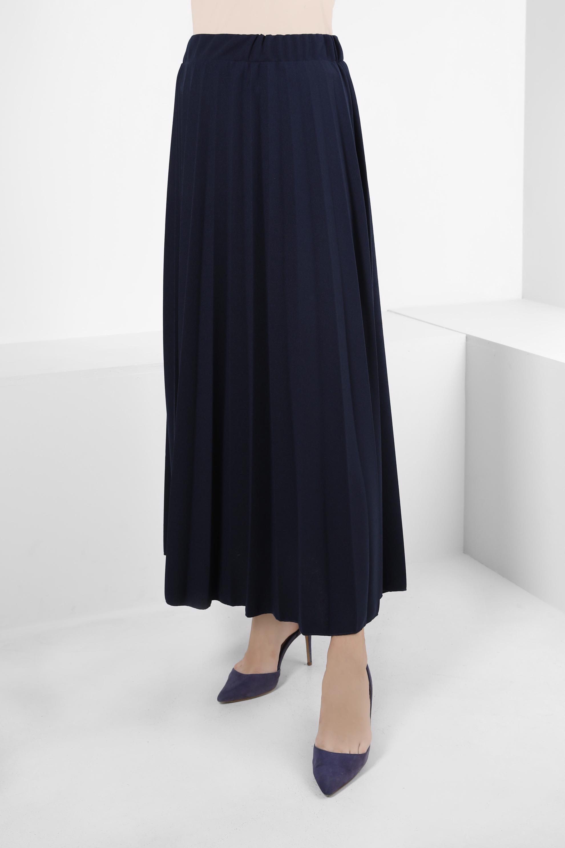 Tesettür giyim LACİVERT BELİ LASTİKLİ PİLİSELİ ETEK 60402