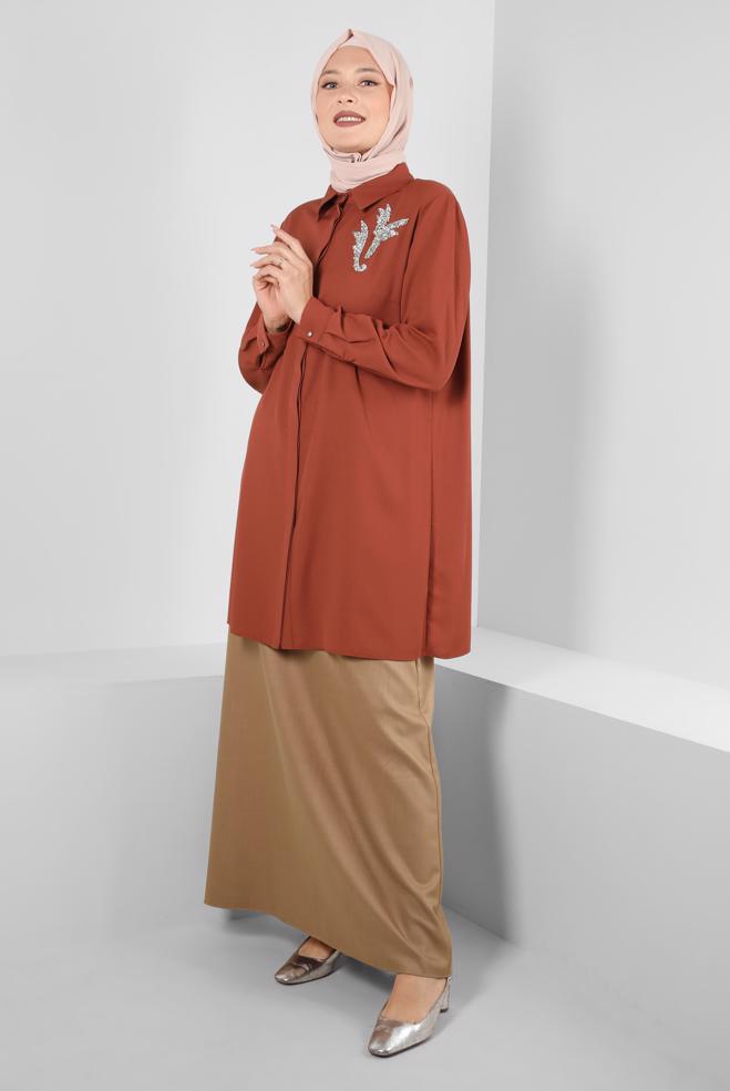 Tesettür giyim KAHVE DÜZ KESİM ETEK 60404 - ALVİNA