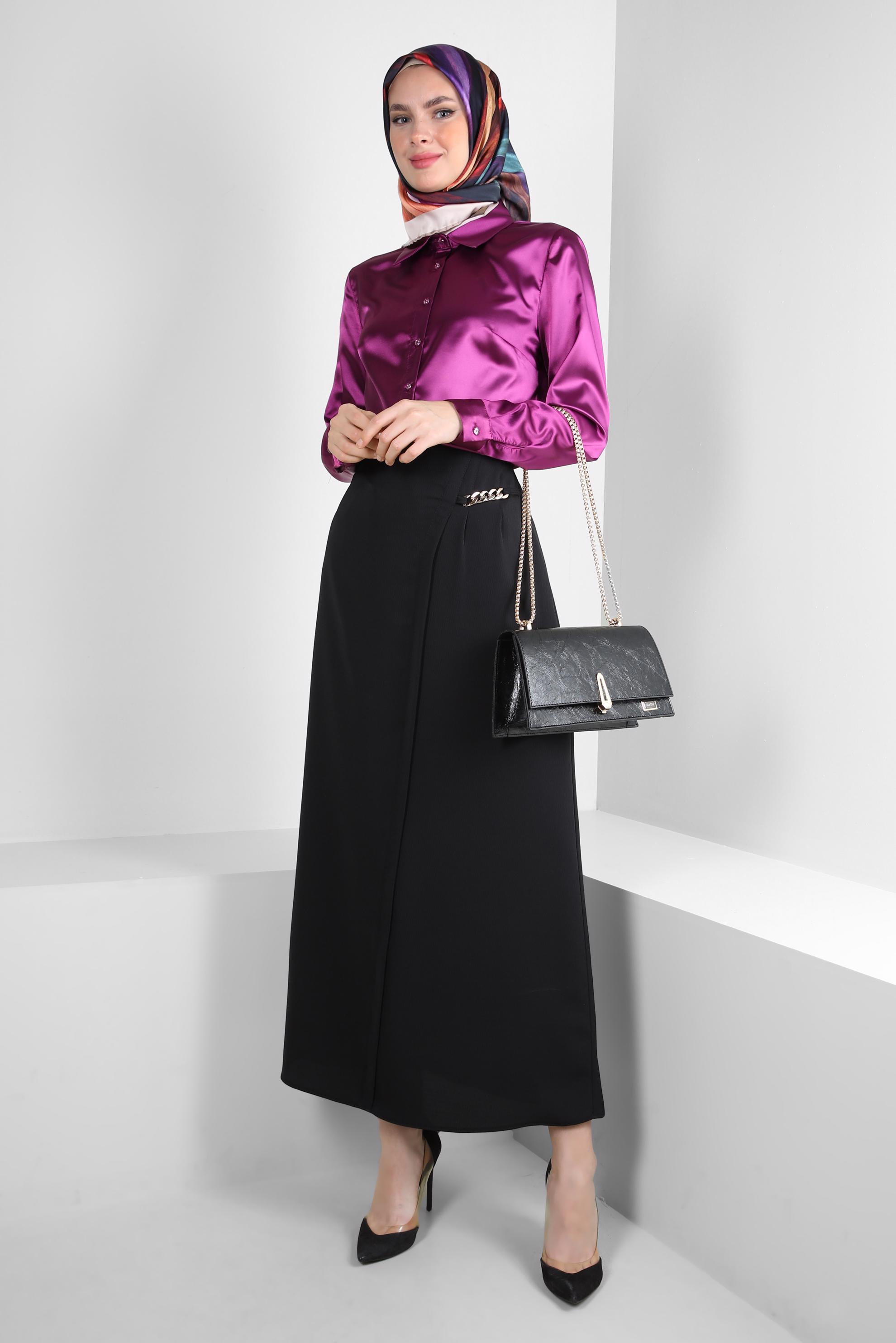 Tesettür giyim SİYAH ZİNCİR DETAYLI DÜZ KESİM ETEK 60405