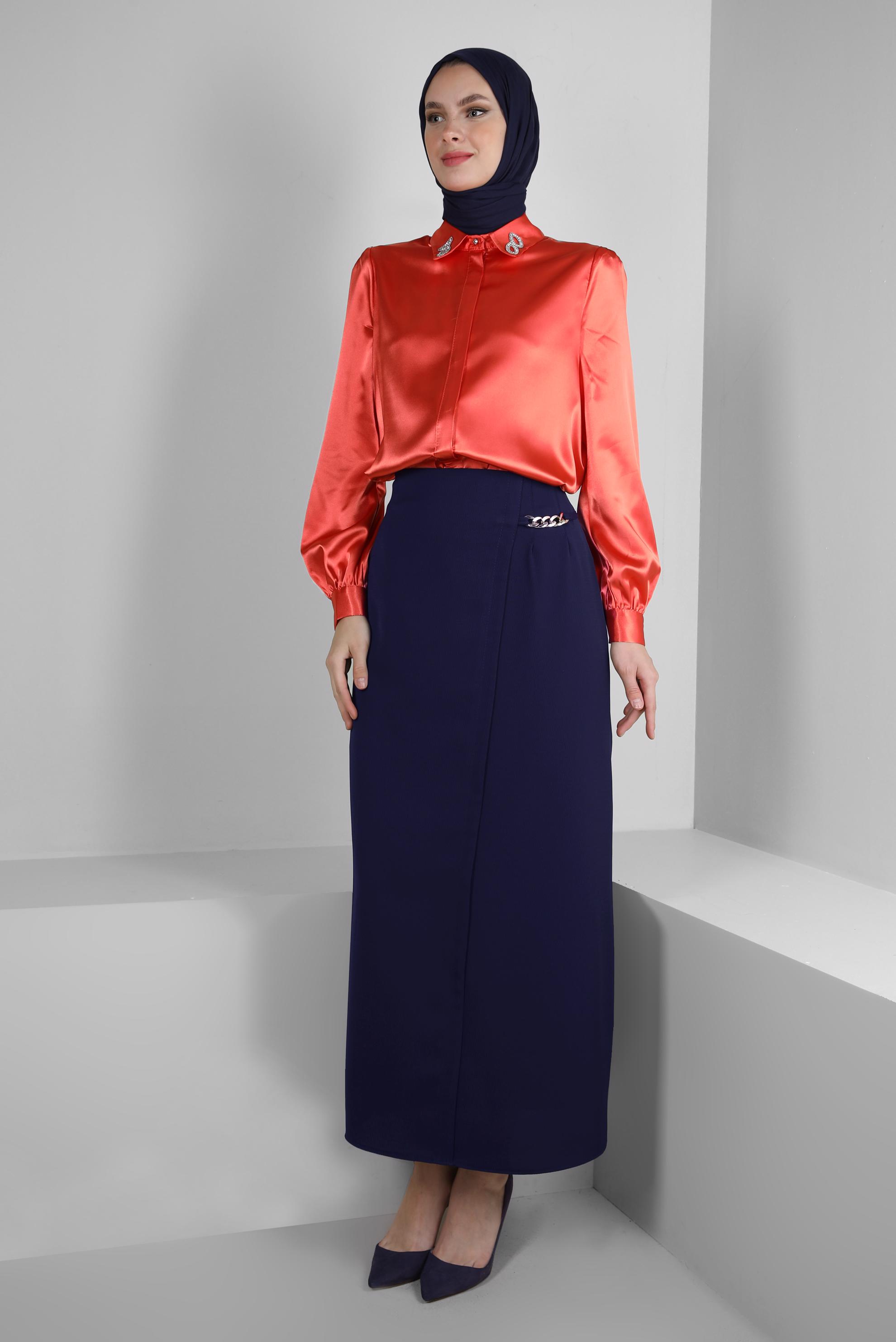 Tesettür giyim LACİVERT ZİNCİR DETAYLI DÜZ KESİM ETEK 60405