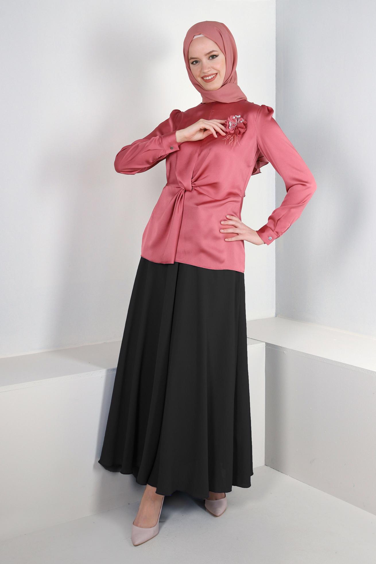 Tesettür giyim SİYAH KEMERLİ VOLANLI ETEK 60407