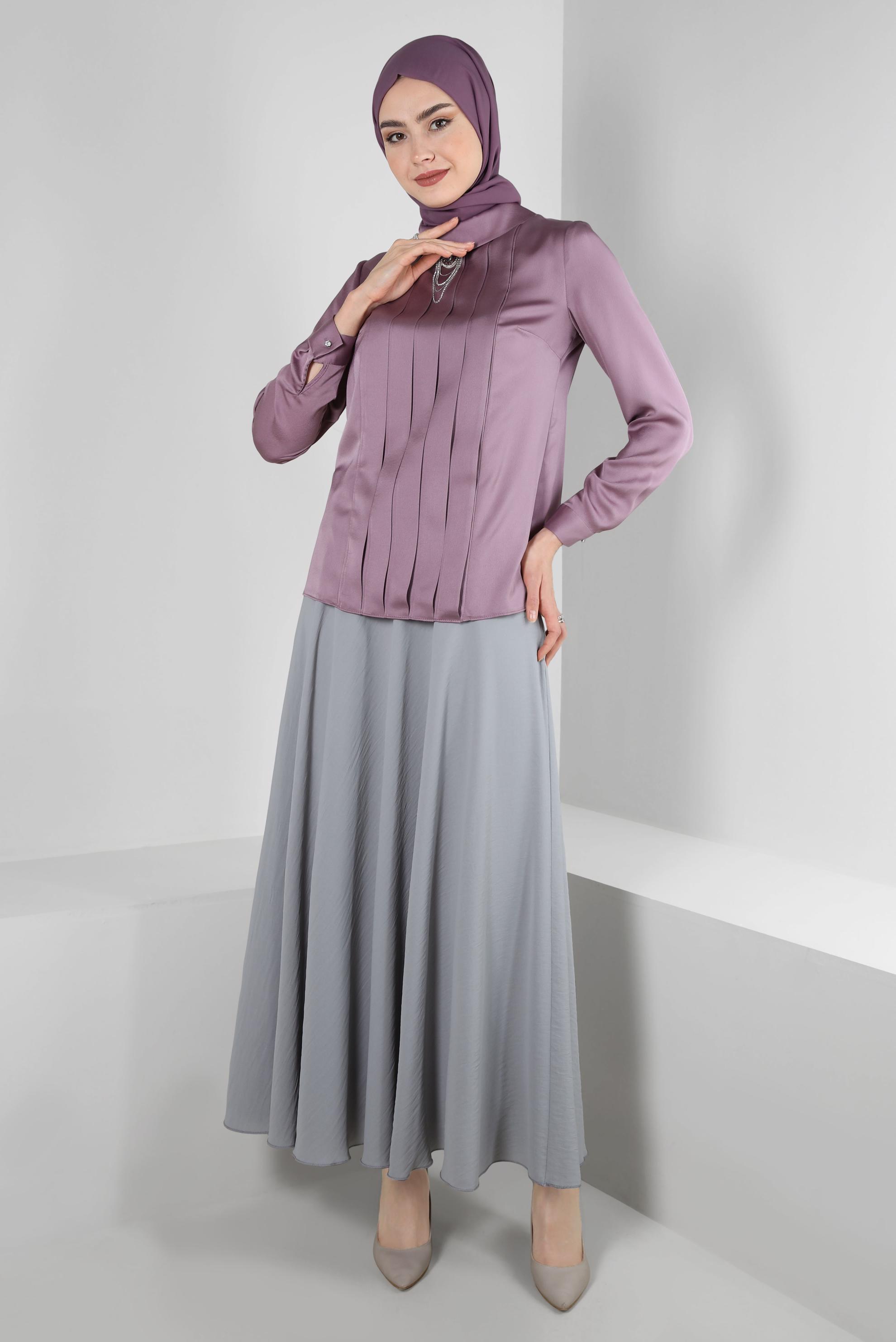 Tesettür giyim GRİ KEMERLİ VOLANLI ETEK 60407