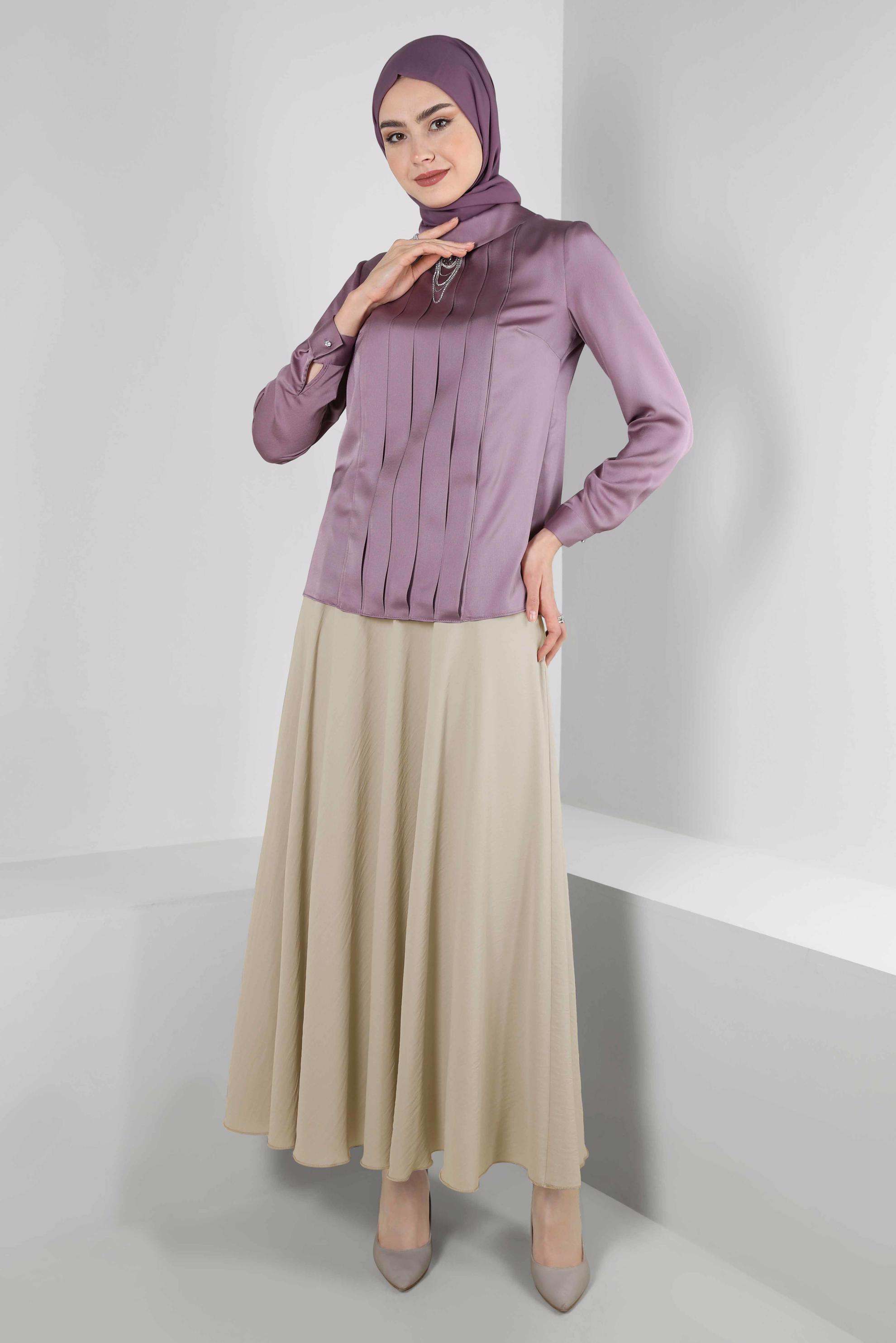 Tesettür giyim BEJ KEMERLİ VOLANLI ETEK 60407