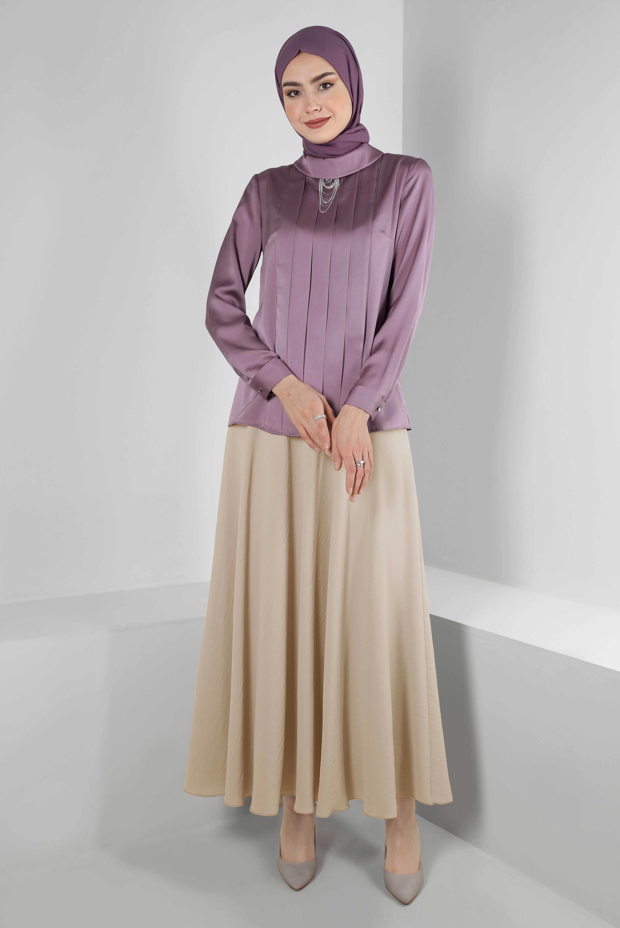 Tesettür giyim BEJ KEMERLİ VOLANLI ETEK 60407